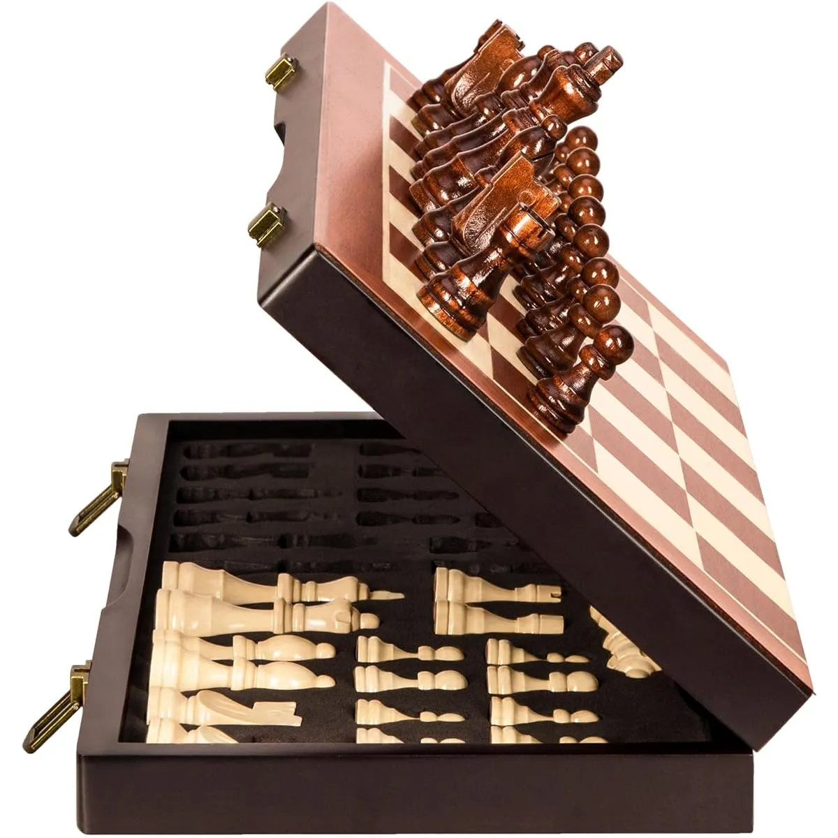 BIVOMON 15" Wooden Tournament Staunton Chess Set, Magnetic Chess Board Set with Chess Pieces & Storage Slots, Folding Board Game Set for Kids and Adults, Includes 2 Extra Queens