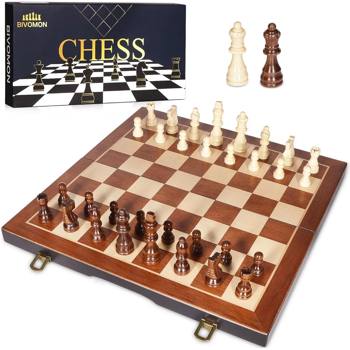BIVOMON 15" Wooden Tournament Staunton Chess Set, Magnetic Chess Board Set with Chess Pieces & Storage Slots, Folding Board Game Set for Kids and Adults, Includes 2 Extra Queens