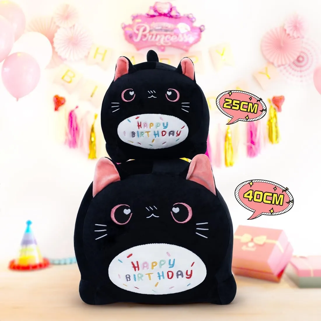 Black Birthday Cat Plush Stuffed Animals, Soft Cat Plush Pillow for Kids(Black Cat, 40cm/15.7inch) Birthday Cat Plush Pillow Stuffed Animal stem mammalian pole Toy, 