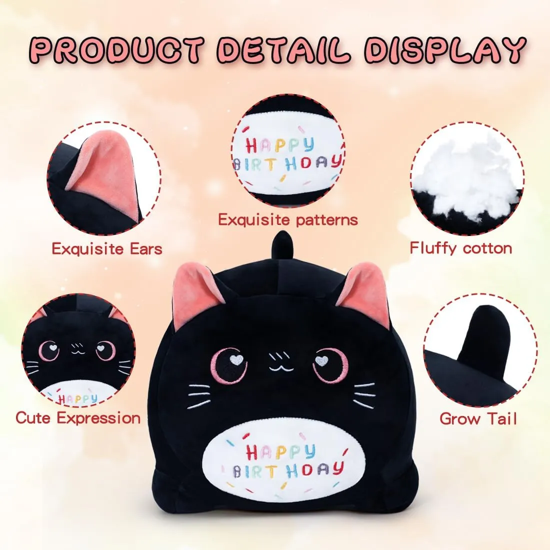 Black Birthday Cat Plush Stuffed Animals, Soft Cat Plush Pillow for Kids(Black Cat, 40cm/15.7inch) Birthday Cat Plush Pillow Stuffed Animal stem mammalian pole Toy, 