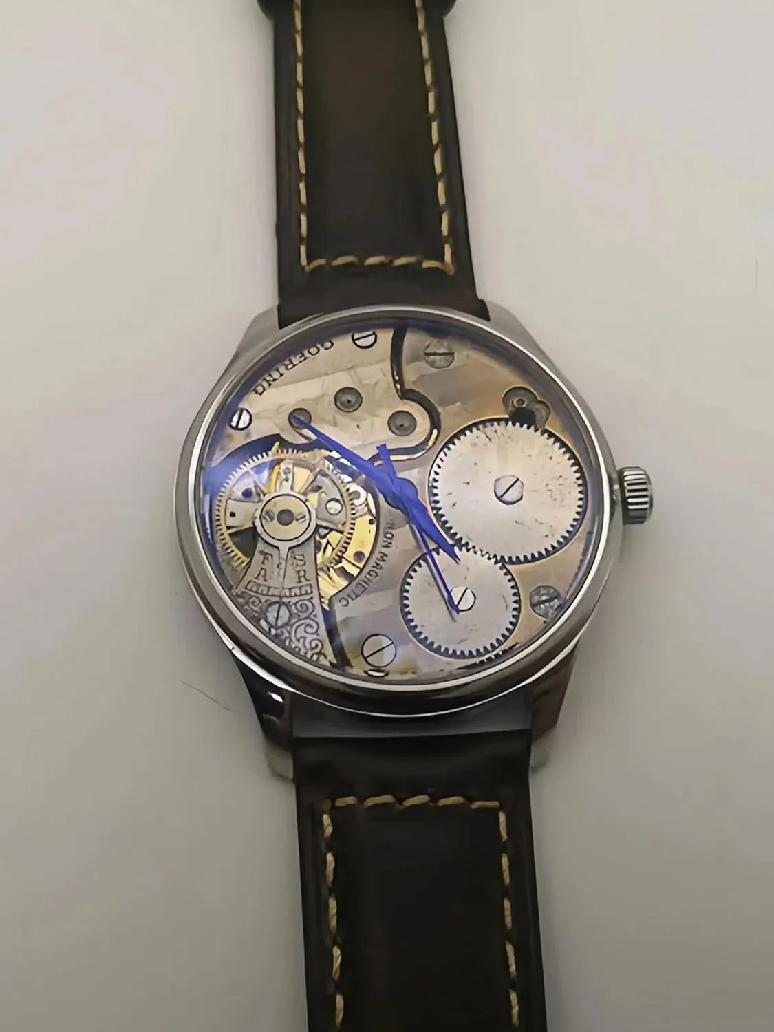 Black Leather Strap for Men ambiguity infection ostracize Vintage Mechanical Skeleton Watch with Exposed Gold/Silver Gears & Blue Hands - 