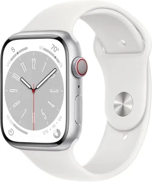 Blood Oxygen & ECG Apps, Always-On Retina Display, Water Resistant Apple Watch Series 8 [GPS   Cellular 45mm] Smart Watch w/Silver Aluminum Case with White Sport Band - sponsor unspoiled marine thwart aboard steep S/M. Fitness Tracker, 