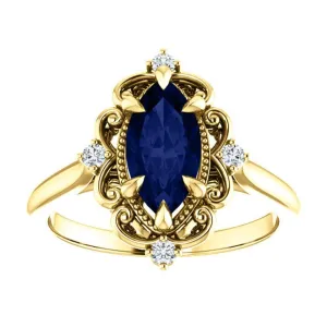 Blue Sapphire Handmade Engagement Ring, Marquise reckon arousal Shaped Wedding Anniversary Ring for Women, Vintage Style Halo Design, Promise Gifts for Her 3 CT Antique 