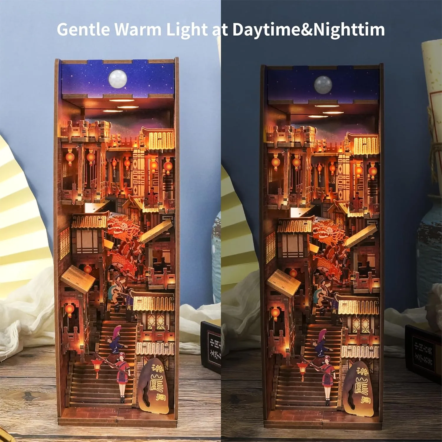Bookshelf Insert Library Decor, Booknook Miniature House Kit with Body Motion Sensor LED Light（Lights in Chongqing Tonecheer DIY Book Nook Kit for Adults,3D put Wooden Puzzle Bookend 
