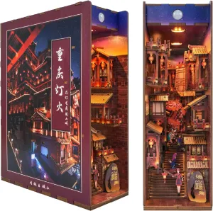 Bookshelf Insert Library Decor, Booknook Miniature House Kit with Body Motion Sensor LED Light（Lights in Chongqing Tonecheer DIY Book Nook Kit for Adults,3D put Wooden Puzzle Bookend 