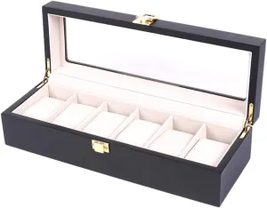 Boxes, Wooden Painted Matte Black Jewelry Storage Box with Transparent top Cover stealthy and Security Lock 6 Table Slot Watch Display 