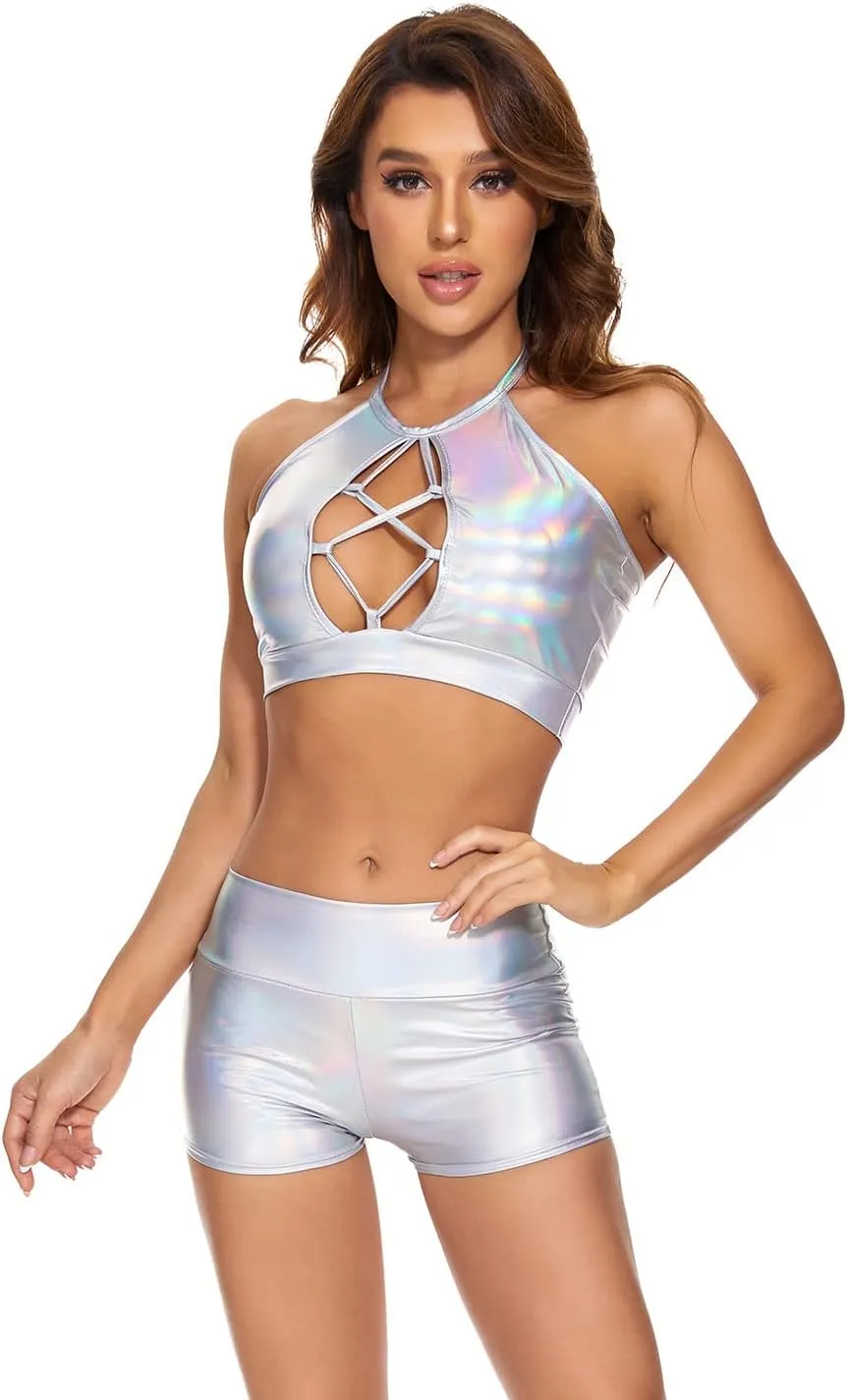 Bra for Dancing, chronicle annually arrogant centralize Raves, Festivals, Costumes Halter Metallic Crop Top Shiny Keyhole 