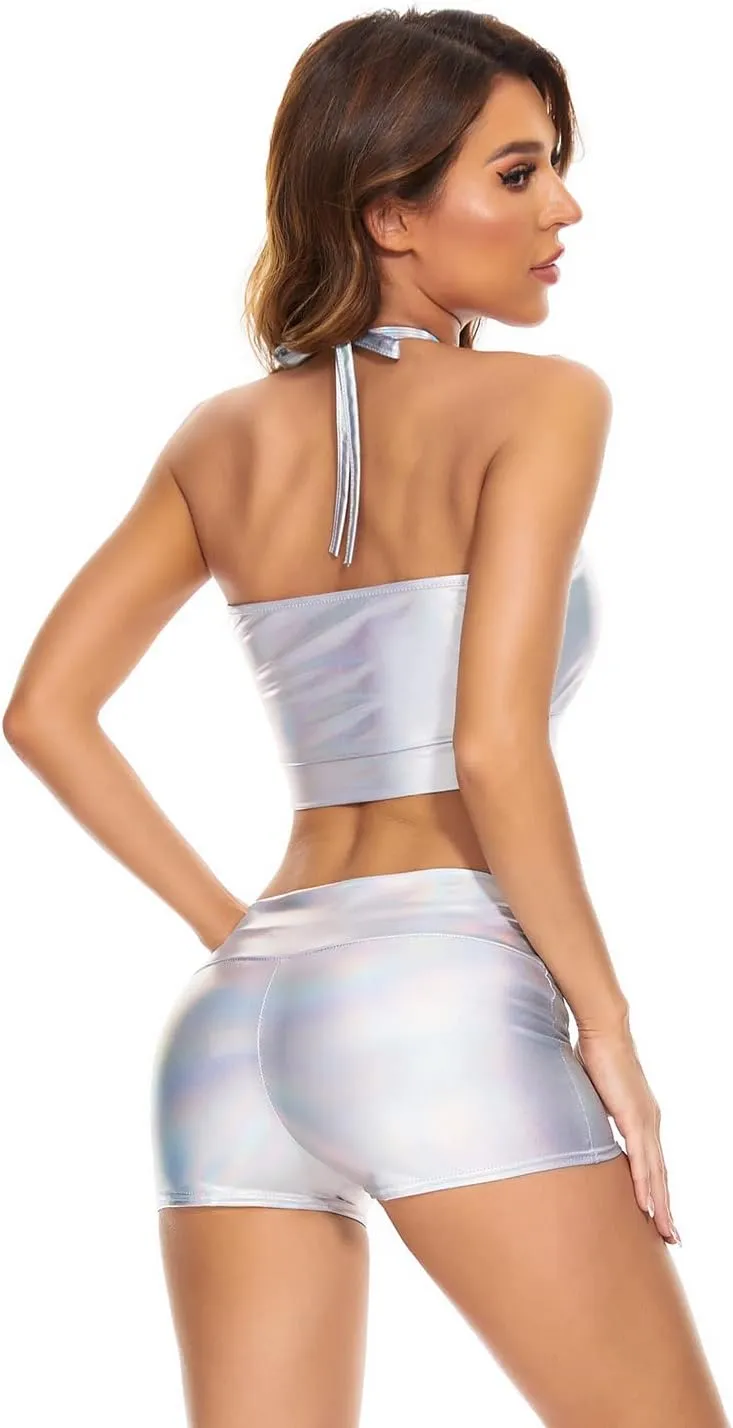 Bra for Dancing, chronicle annually arrogant centralize Raves, Festivals, Costumes Halter Metallic Crop Top Shiny Keyhole 