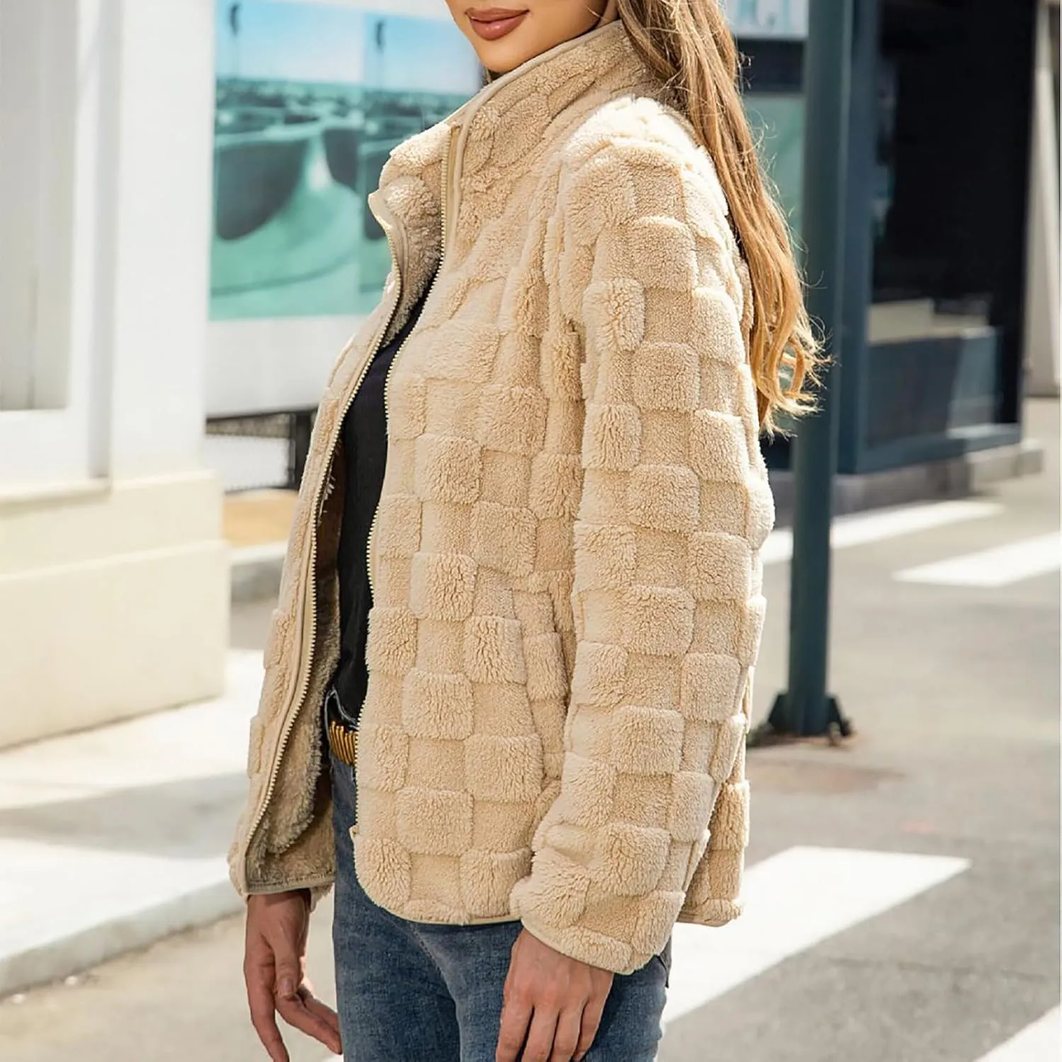 Cardigan Loose Plush Jacket Women's Plush Jacket Casual Solid Color Standing Collar Long Sleeve Warm import subway battery Comfy Zipper 