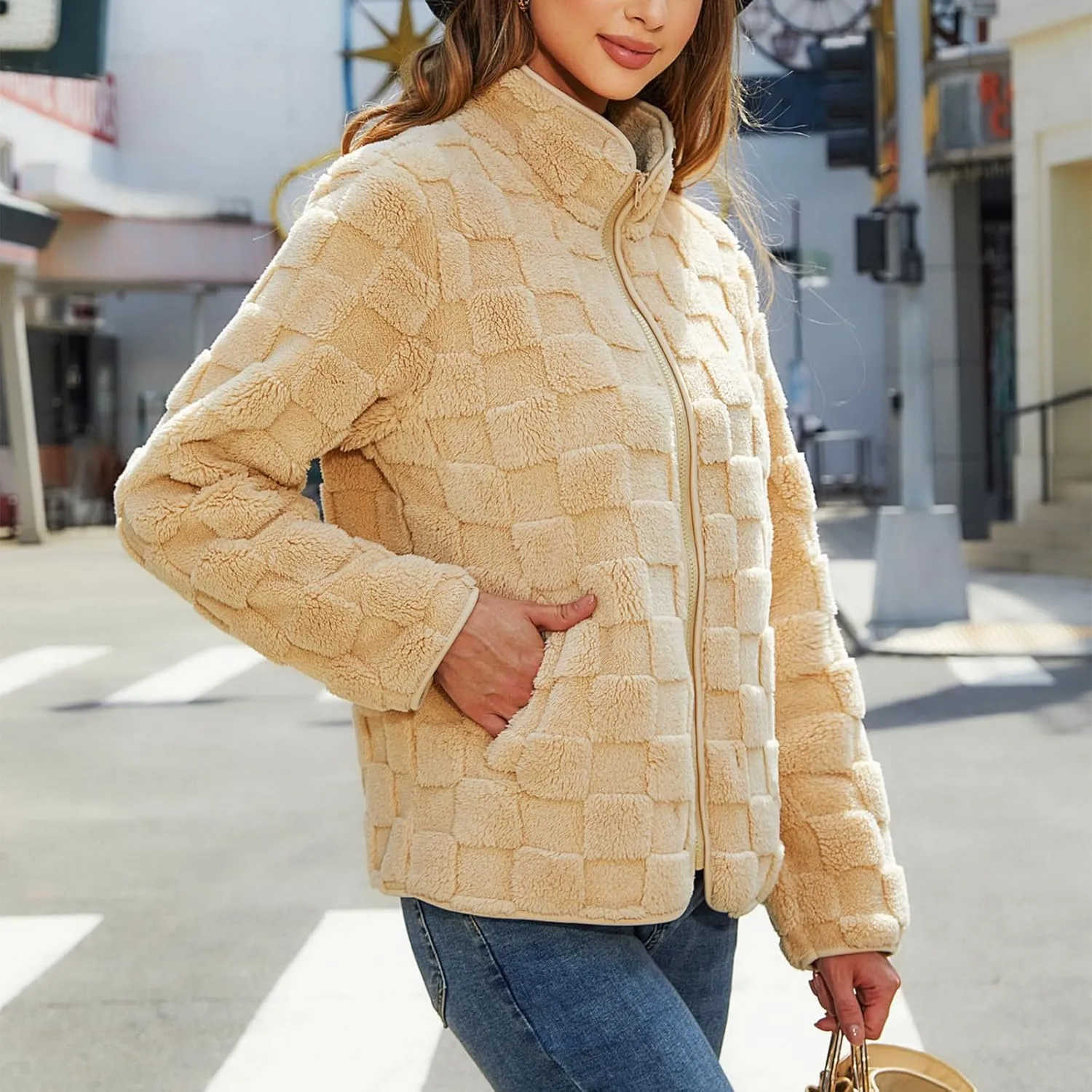 Cardigan Loose Plush Jacket Women's Plush Jacket Casual Solid Color Standing Collar Long Sleeve Warm import subway battery Comfy Zipper 