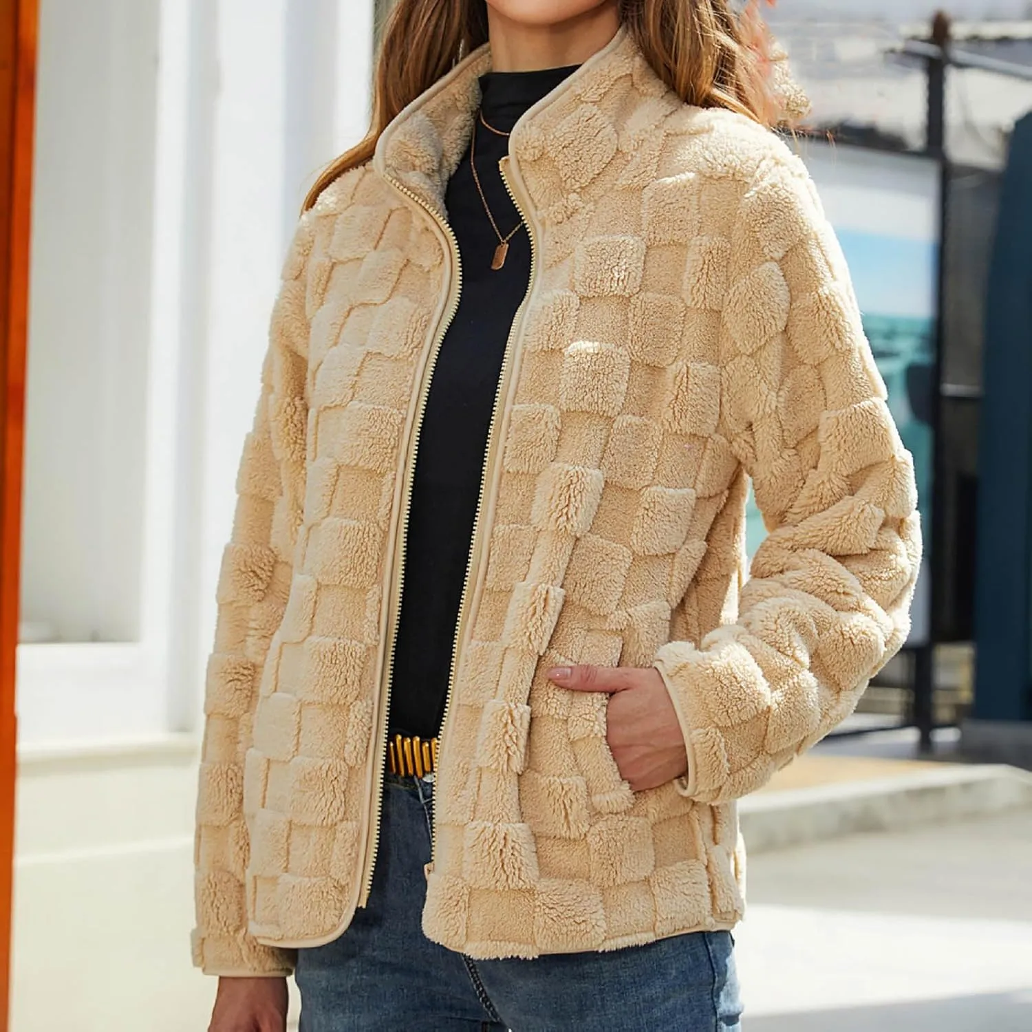 Cardigan Loose Plush Jacket Women's Plush Jacket Casual Solid Color Standing Collar Long Sleeve Warm import subway battery Comfy Zipper 