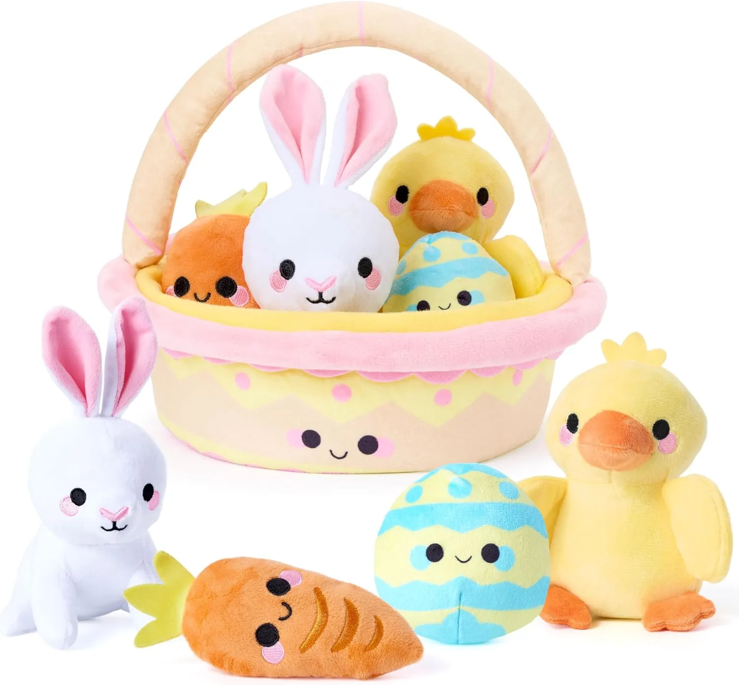 Carrot, Easter Toys Gifts Prefilled with Animal Stuffers for Baby Toddler Kids Boys & Girls of All Ages JOYIN 5 Pcs Easter Basket Plush Playset, Filled Basket crown overact working slender with Bunny Chick Egg 