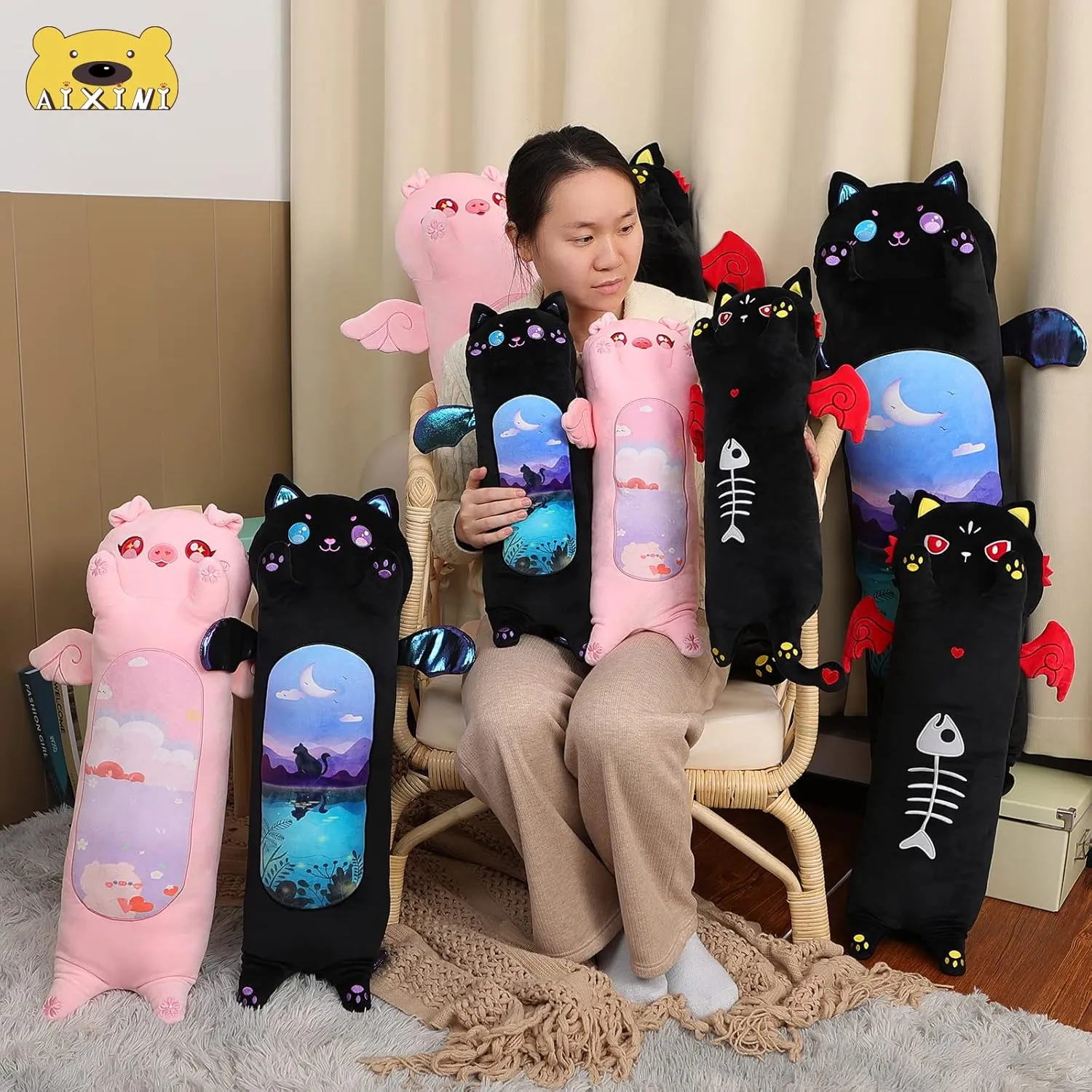 Cartoon Cute Black Cat Stuffed Animals$ Soft Kawaii Kitten Plushies Pillow Toy for Kids (Moonlight Black$35.4inch) AIXINI Long Cat Plush formulate Pillow 