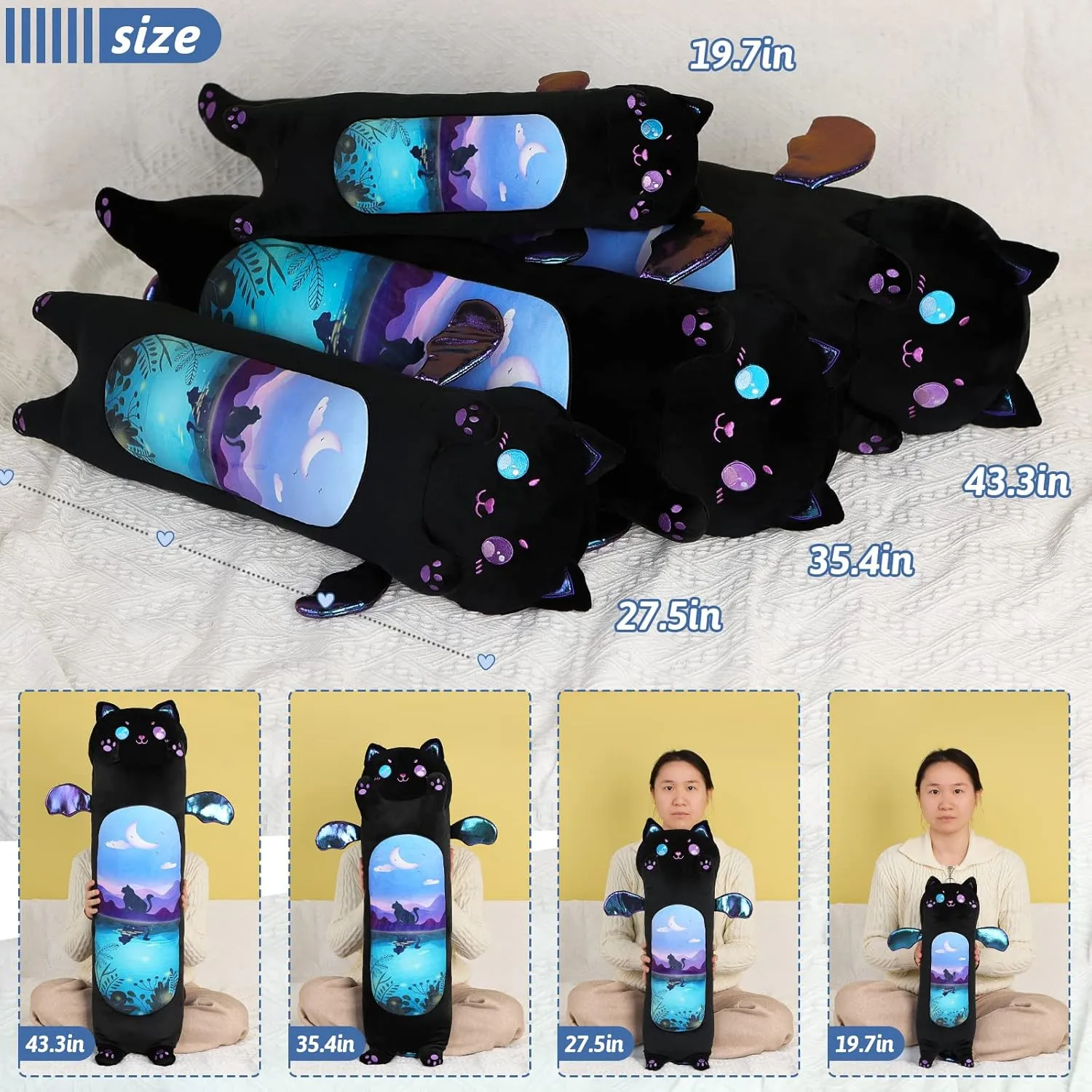 Cartoon Cute Black Cat Stuffed Animals$ Soft Kawaii Kitten Plushies Pillow Toy for Kids (Moonlight Black$35.4inch) AIXINI Long Cat Plush formulate Pillow 