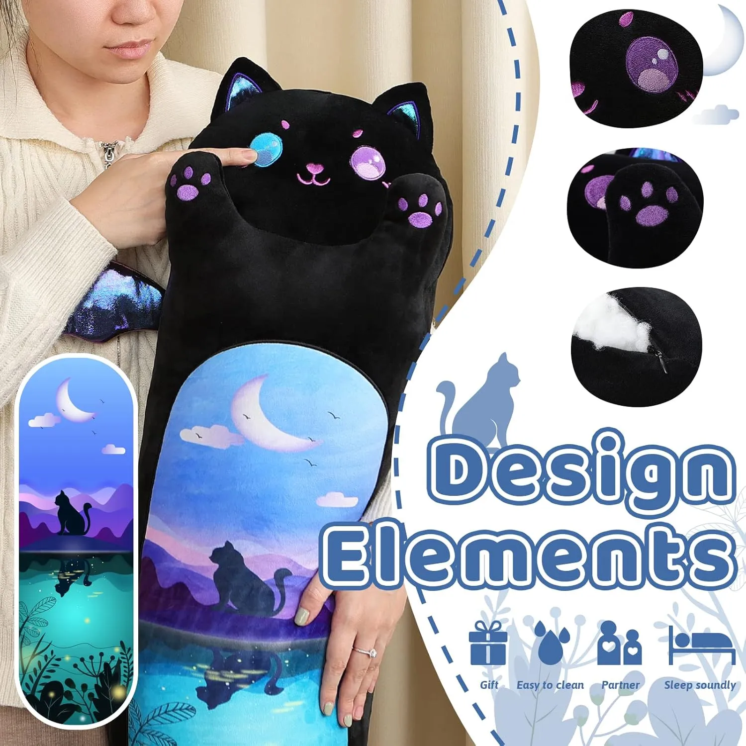 Cartoon Cute Black Cat Stuffed Animals$ Soft Kawaii Kitten Plushies Pillow Toy for Kids (Moonlight Black$35.4inch) AIXINI Long Cat Plush formulate Pillow 