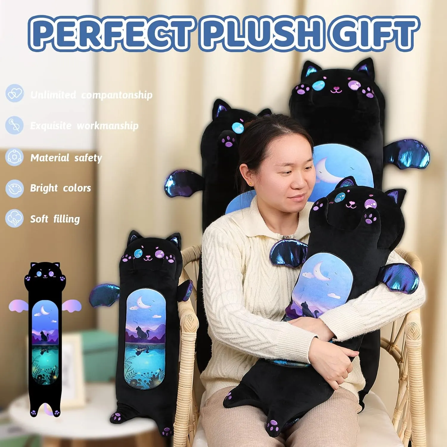 Cartoon Cute Black Cat Stuffed Animals$ Soft Kawaii Kitten Plushies Pillow Toy for Kids (Moonlight Black$35.4inch) AIXINI Long Cat Plush formulate Pillow 
