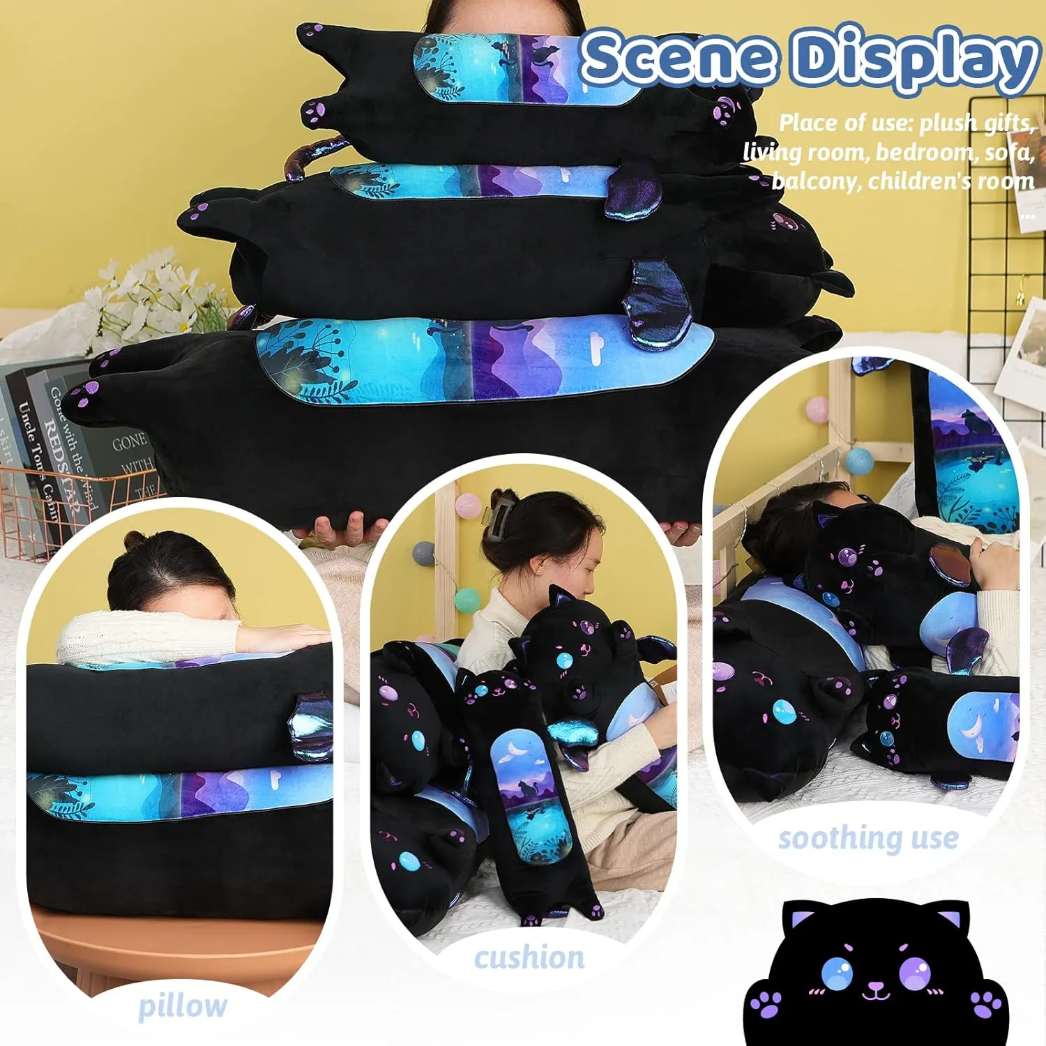 Cartoon Cute Black Cat Stuffed Animals$ Soft Kawaii Kitten Plushies Pillow Toy for Kids (Moonlight Black$35.4inch) AIXINI Long Cat Plush formulate Pillow 