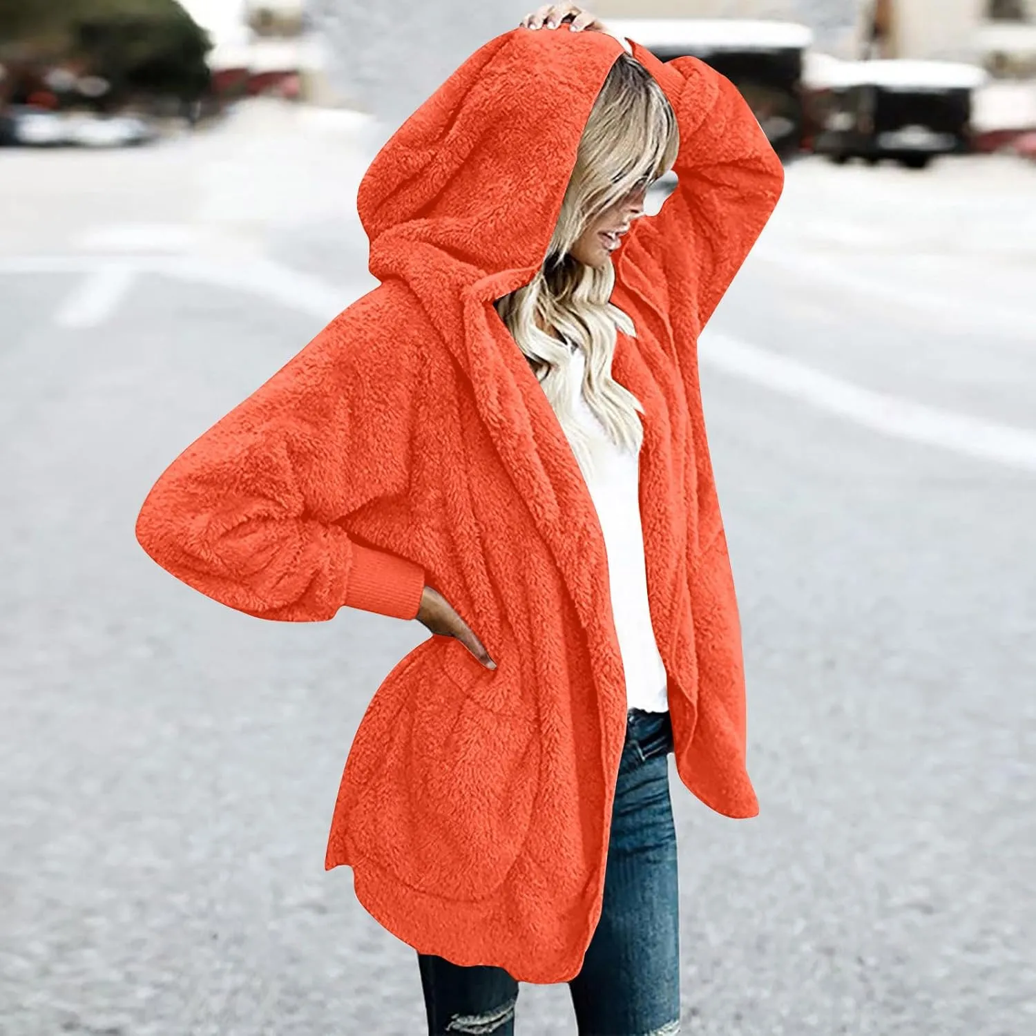 Casual Solid neutrality figurative Color Long Sleeve Cardigan Oversized Fuzzy FleeceJacket with Pockets Warm Coat Tops Women's Plush Coat 