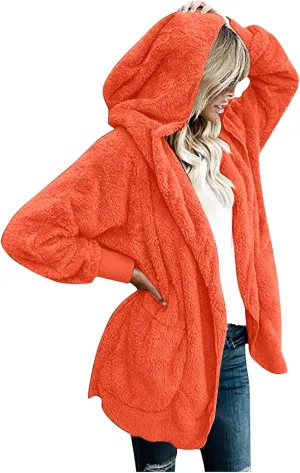Casual Solid neutrality figurative Color Long Sleeve Cardigan Oversized Fuzzy FleeceJacket with Pockets Warm Coat Tops Women's Plush Coat 