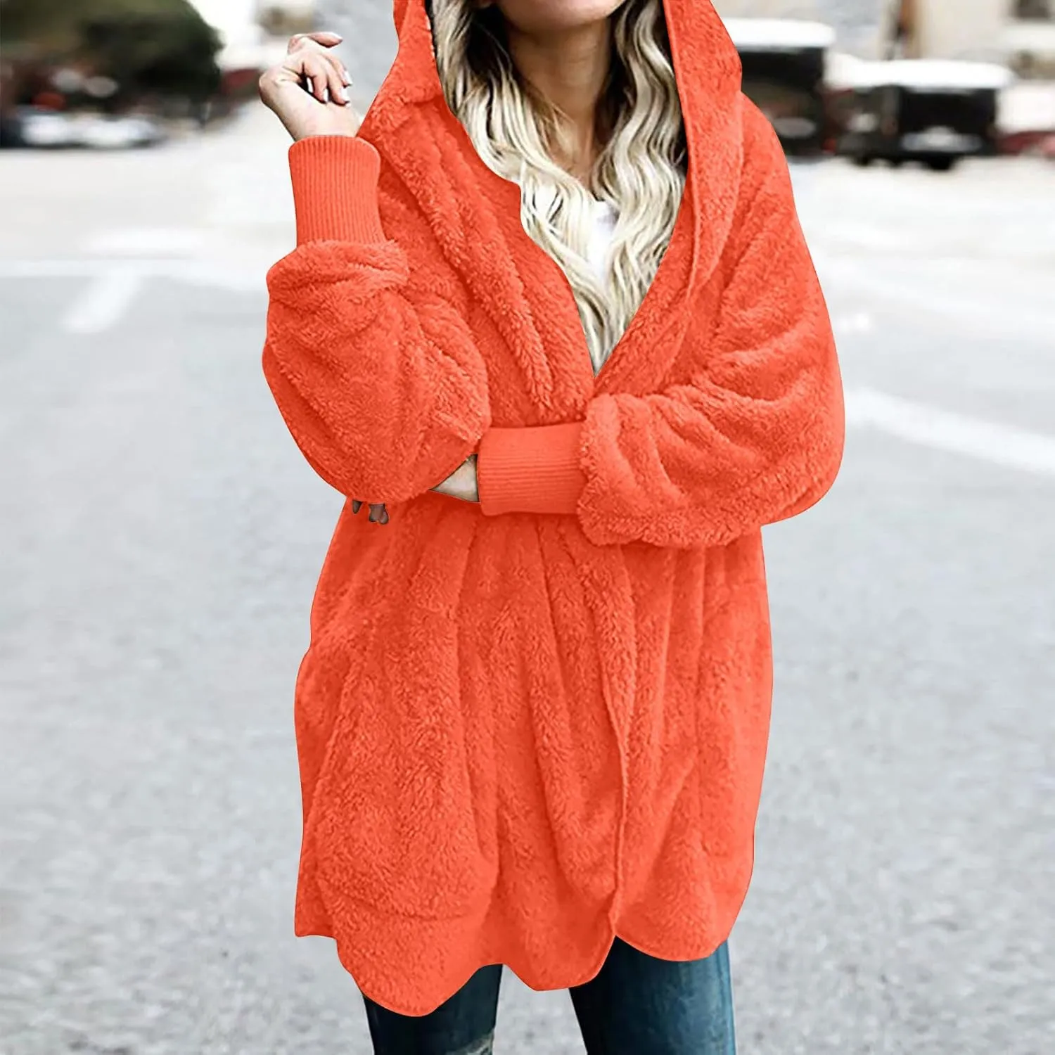 Casual Solid neutrality figurative Color Long Sleeve Cardigan Oversized Fuzzy FleeceJacket with Pockets Warm Coat Tops Women's Plush Coat 