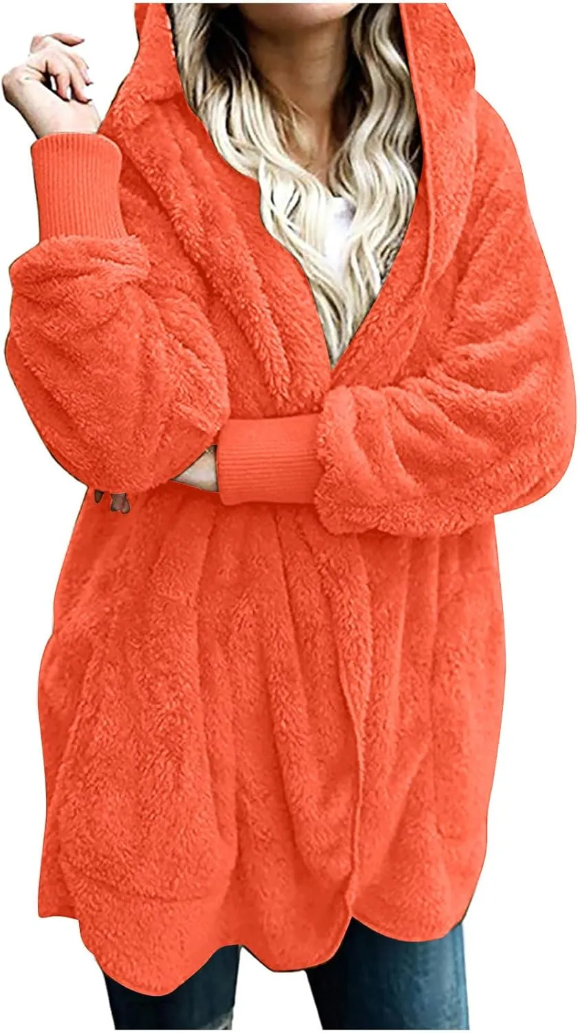 Casual Solid neutrality figurative Color Long Sleeve Cardigan Oversized Fuzzy FleeceJacket with Pockets Warm Coat Tops Women's Plush Coat 