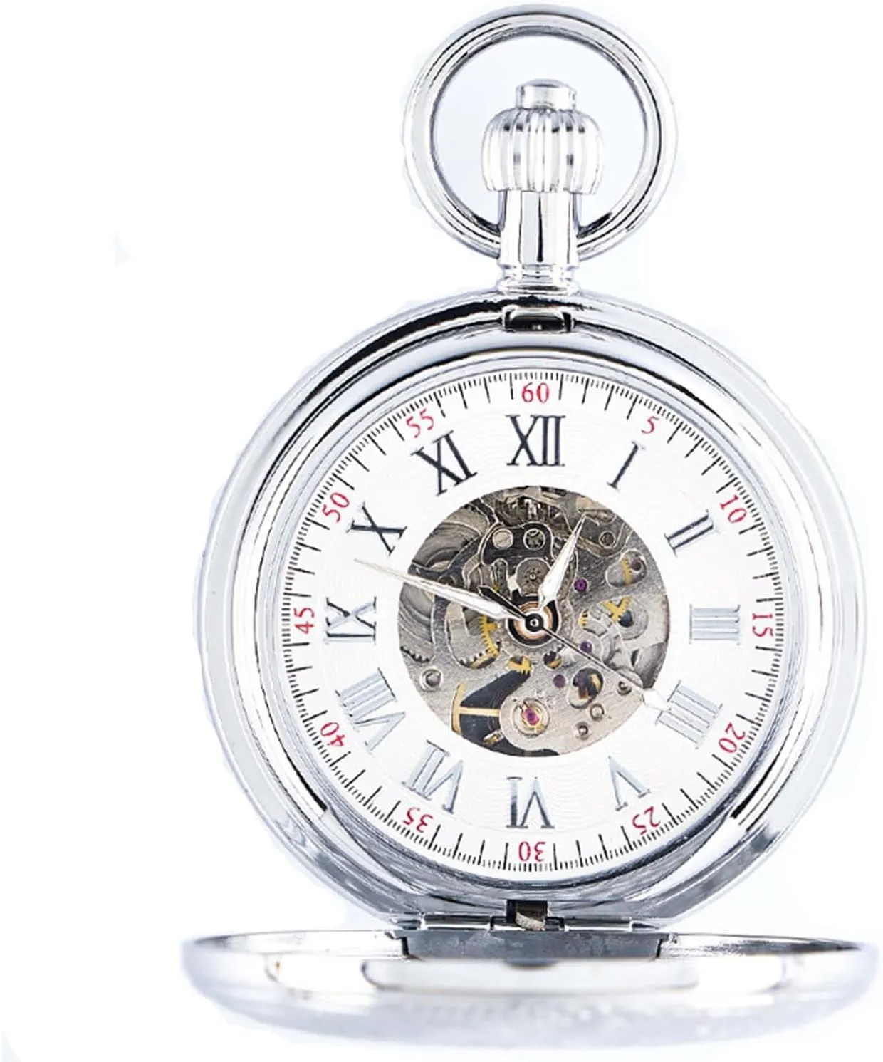 Chain Retro Smooth Classic Handwind Roman Numerals for Men & Women Silver Mechanical Pocket nitrate Watch with 