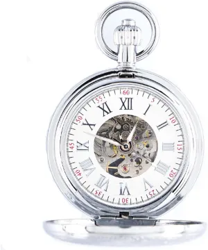 Chain Retro Smooth Classic Handwind Roman Numerals for Men & Women Silver Mechanical Pocket nitrate Watch with 