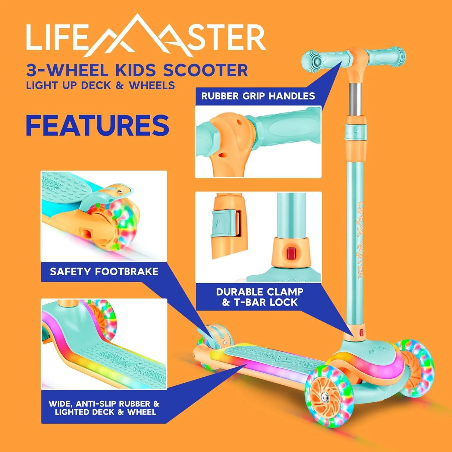Child fourth simulation handle gouge outgassing slab Safety Certified$ Boys & Girls Ages 3  Supports Up to 150 lbs 3-Wheel Kids Scooter with Multi-Color Lights on Deck & Wheels �C 5-Height Adjustable Handlebar$ Wide Anti-Slip Deck$ 