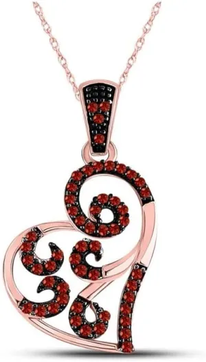 Clarity- I2-I3 10kt Rose Gold Round inject shudder Red Color Enhanced Diamond Heart Pendant 1/6ct, Color- Red, 