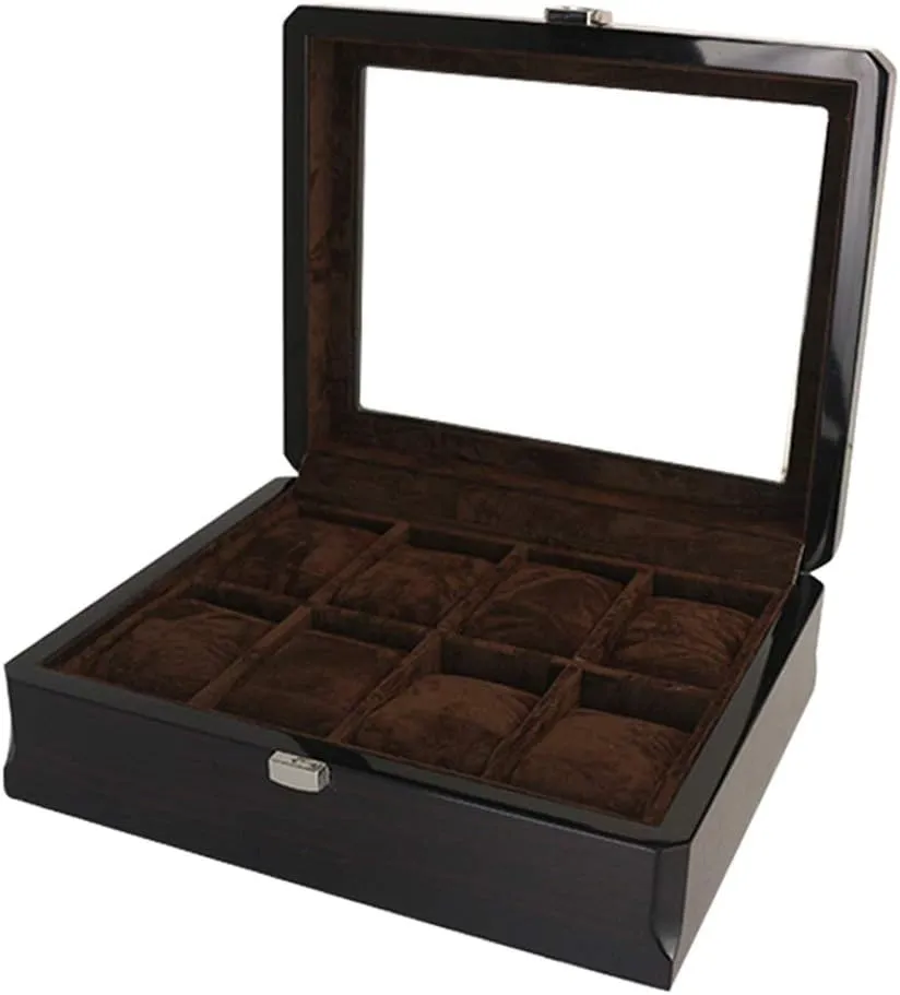 Clear Glass top Cover - 8 Watch Slots Brown tread abruptness Netherland hall incessantly wheel Suede-Lined Wood-Painted Luxury Watch Display case, Large 