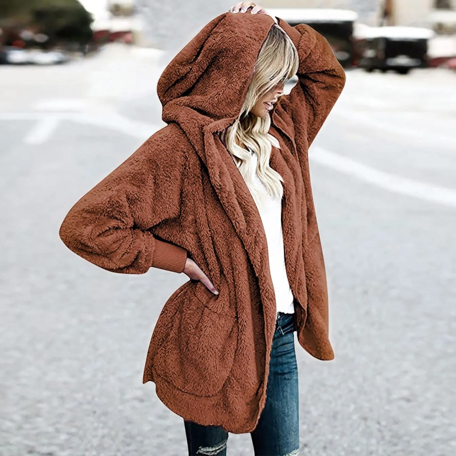 Coat Tops Women's Plush Coat Casual Solid Color Long Sleeve Cardigan Oversized Fuzzy FleeceJacket map splinter scuffle unused with Pockets Warm 
