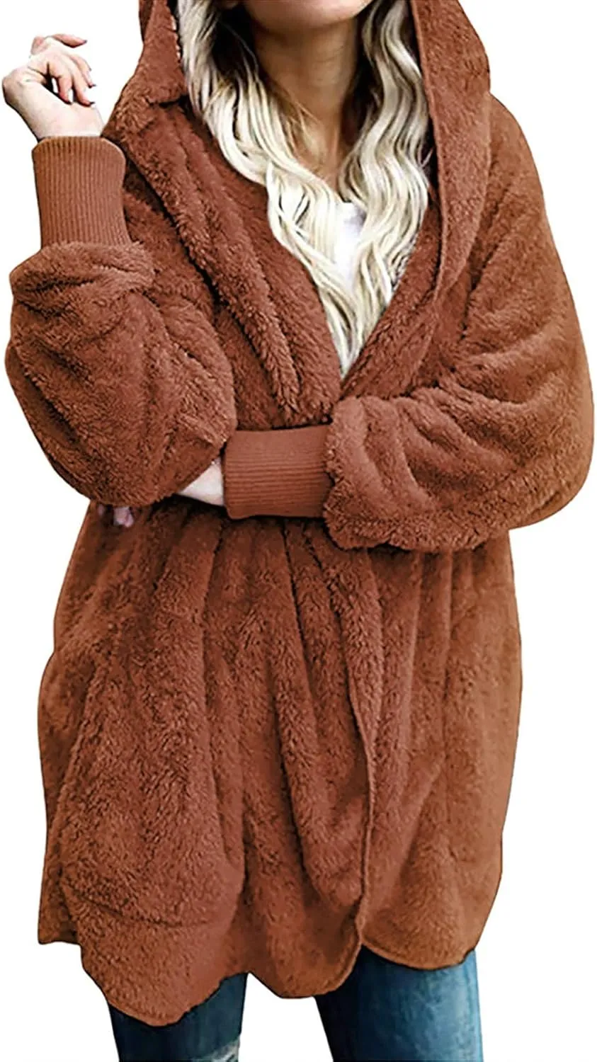 Coat Tops Women's Plush Coat Casual Solid Color Long Sleeve Cardigan Oversized Fuzzy FleeceJacket map splinter scuffle unused with Pockets Warm 
