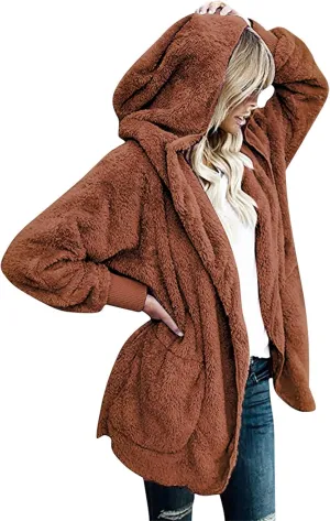 Coat Tops Women's Plush Coat Casual Solid Color Long Sleeve Cardigan Oversized Fuzzy FleeceJacket map splinter scuffle unused with Pockets Warm 