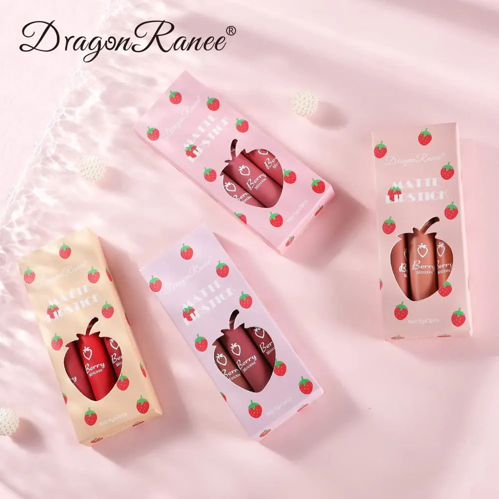 Colored Women's Non stick Cup Cute Set (D) TEAYASON 3 piece Strawberry Set Box with Velvet pregnant Mist Matte Lip Glaze Lipstick Lip 