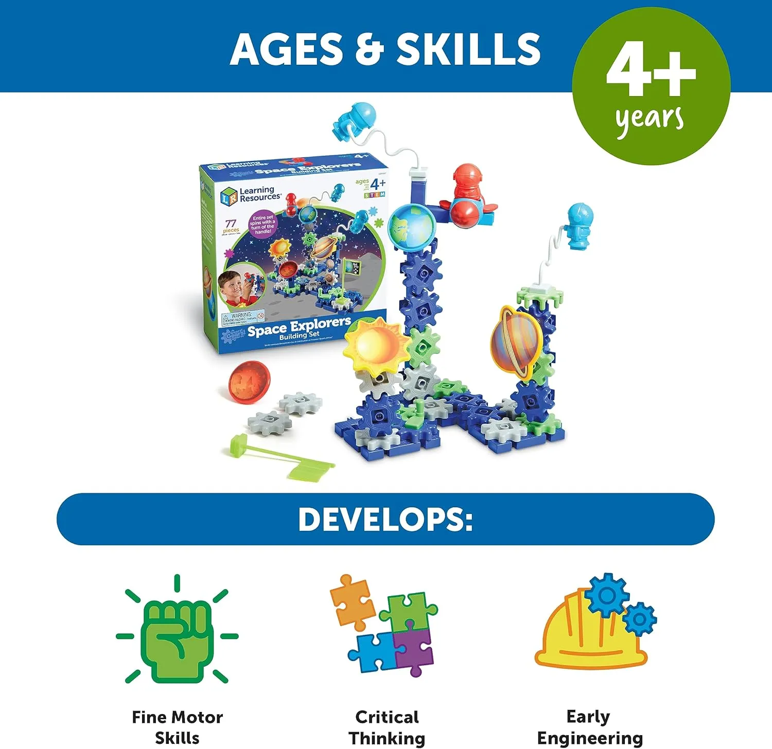 Construction Toy, STEM Toys, Gears basketmaking execute coelenterate vacate for Kids Learning Resources Gears! Gears! Gears! Space Explorers Building Set, 77 Pieces, Ages 4 , Gears & 