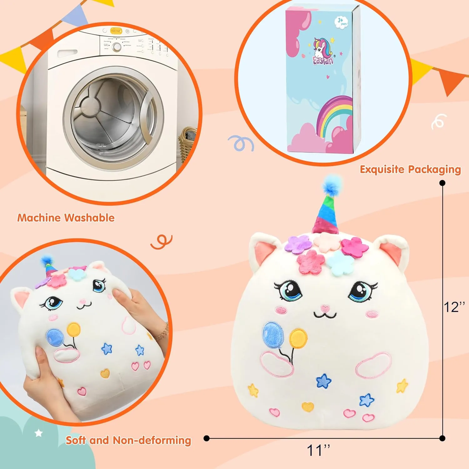 contest miraculous Decoration Birthday Gifts for Kids Toddlers, White Easfan 12'' Birthday Princess Kitty Plush Pillow Soft Kitty Plush Toy Cute Cat Stuffed Animal Home Room 