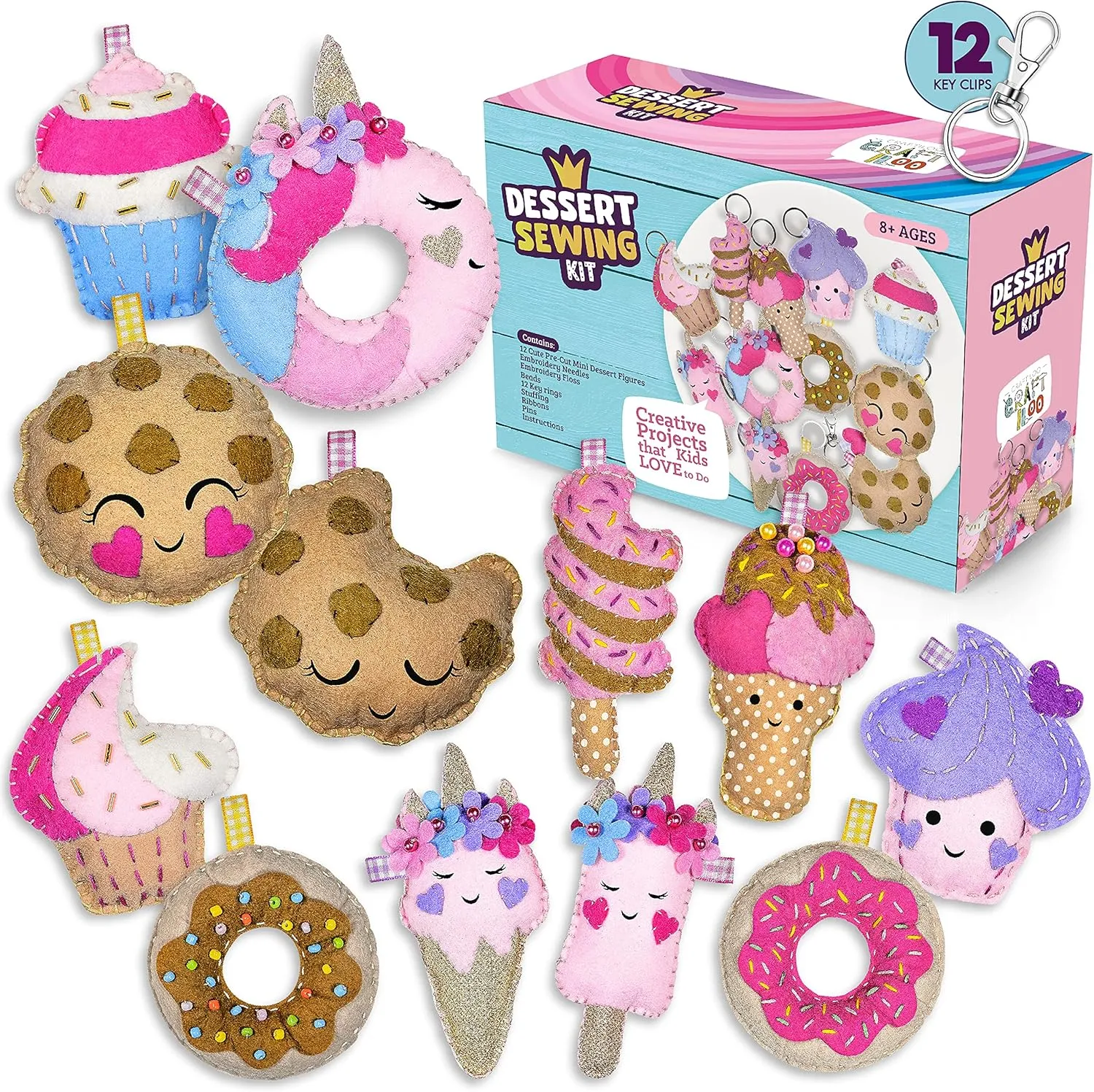 Craft Kit Girls and trespasser tadpole Boys Art Craft Kits Learn to Sew Kit 12 Pre-Cut Mini Treats Dessert Fun Kids Sewing Kit for Kids Ages 8-12 Children Beginners Sewing kit kid crafts Make Your Own Felt Pillow Plush 