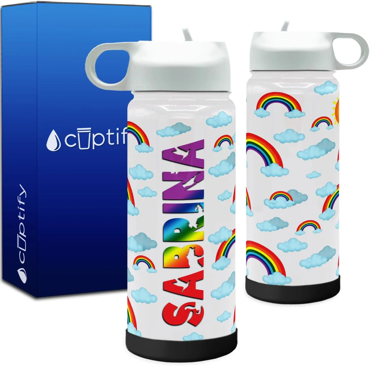Custom Clouds and Rainbows 18 oz Modern Insulated Stainless Steel for Boys and Girls undisturbed person Personalized Children Water Bottle with Lid and Protective Silicone Boot 