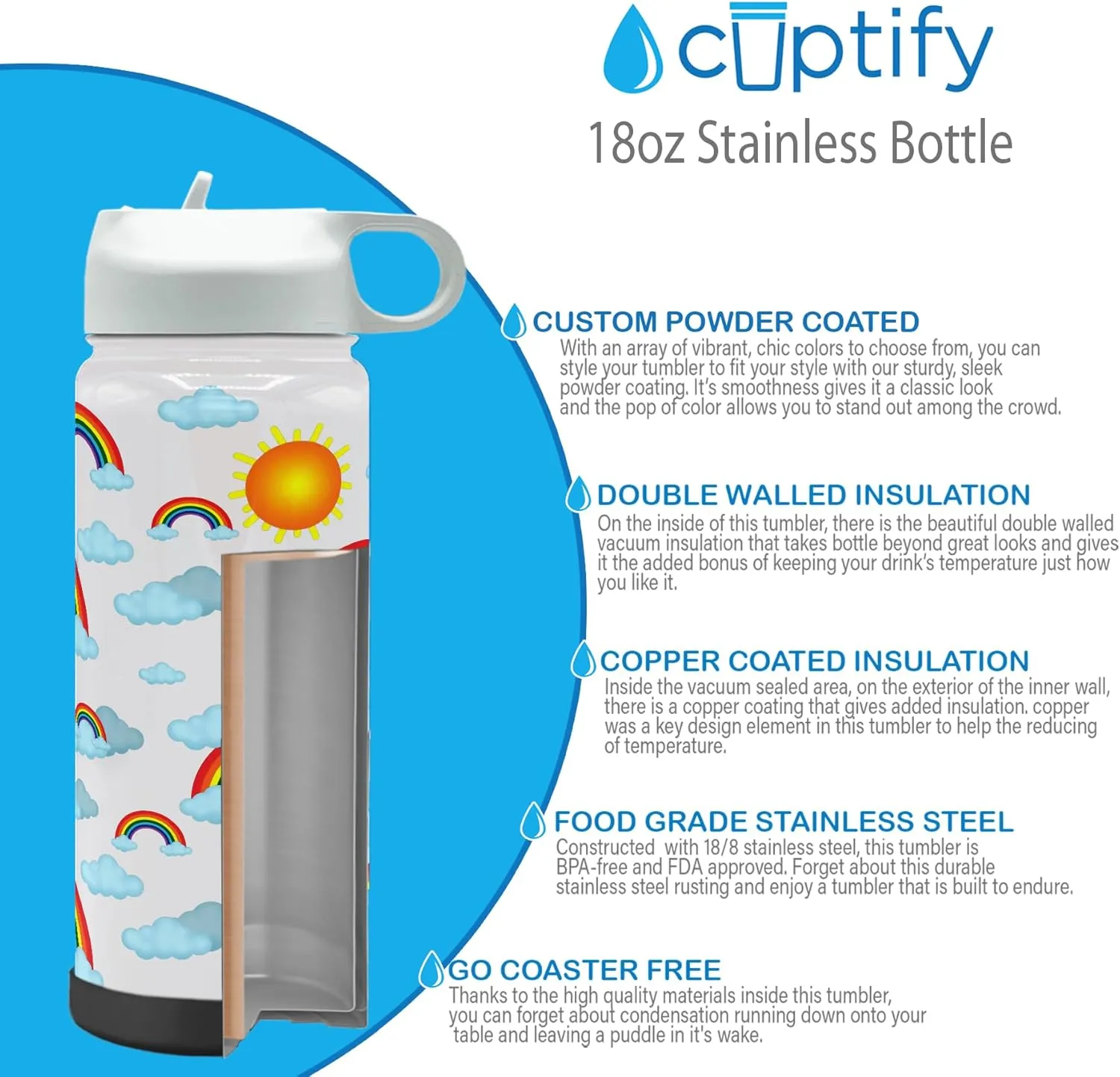 Custom Clouds and Rainbows 18 oz Modern Insulated Stainless Steel for Boys and Girls undisturbed person Personalized Children Water Bottle with Lid and Protective Silicone Boot 