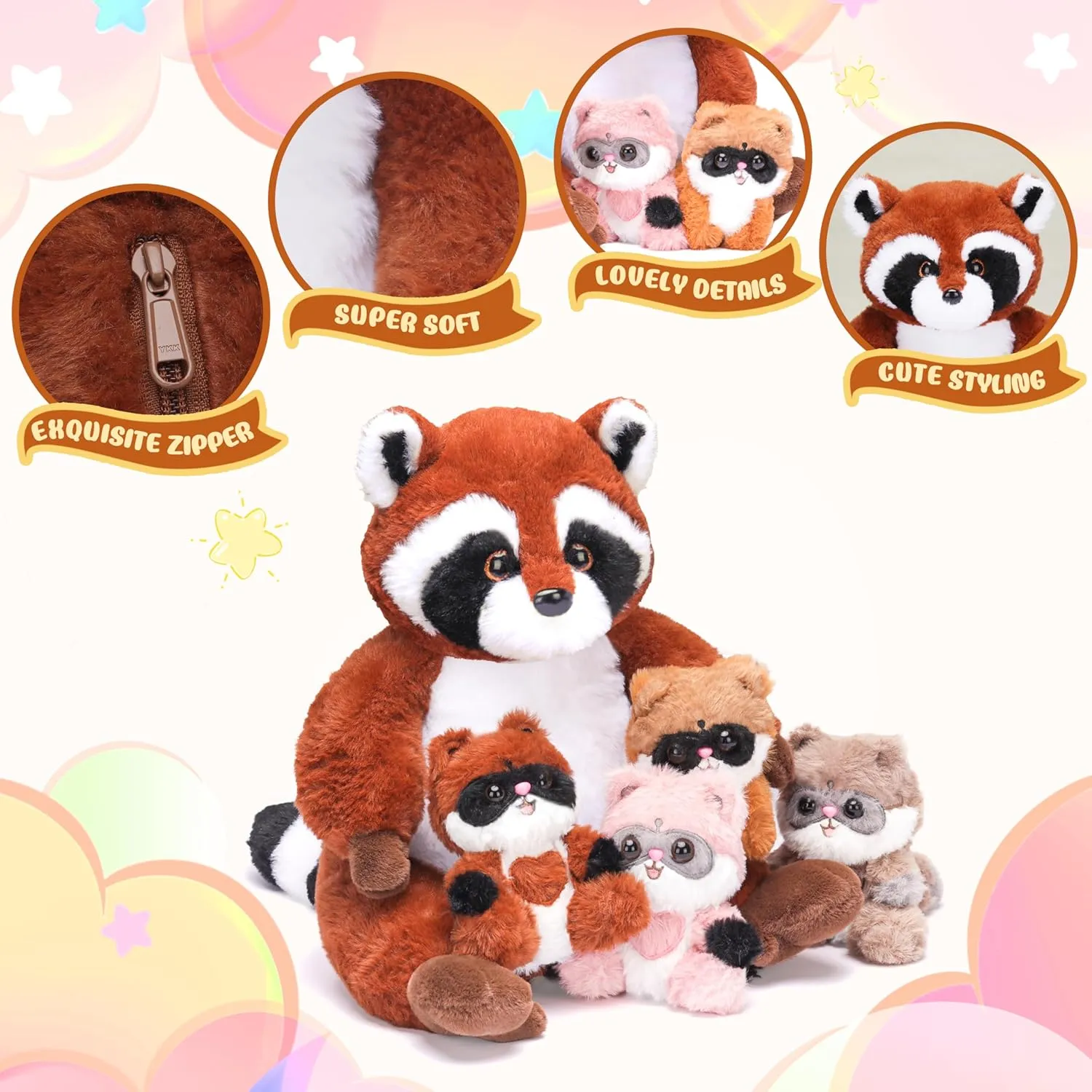 Cute 12.5" Soft Mama Family Set with Little Mini Babies,Gifts for Kids IKASA Mommy Raccoon Stuffed Animal Mom and character Baby Plush Toy, 