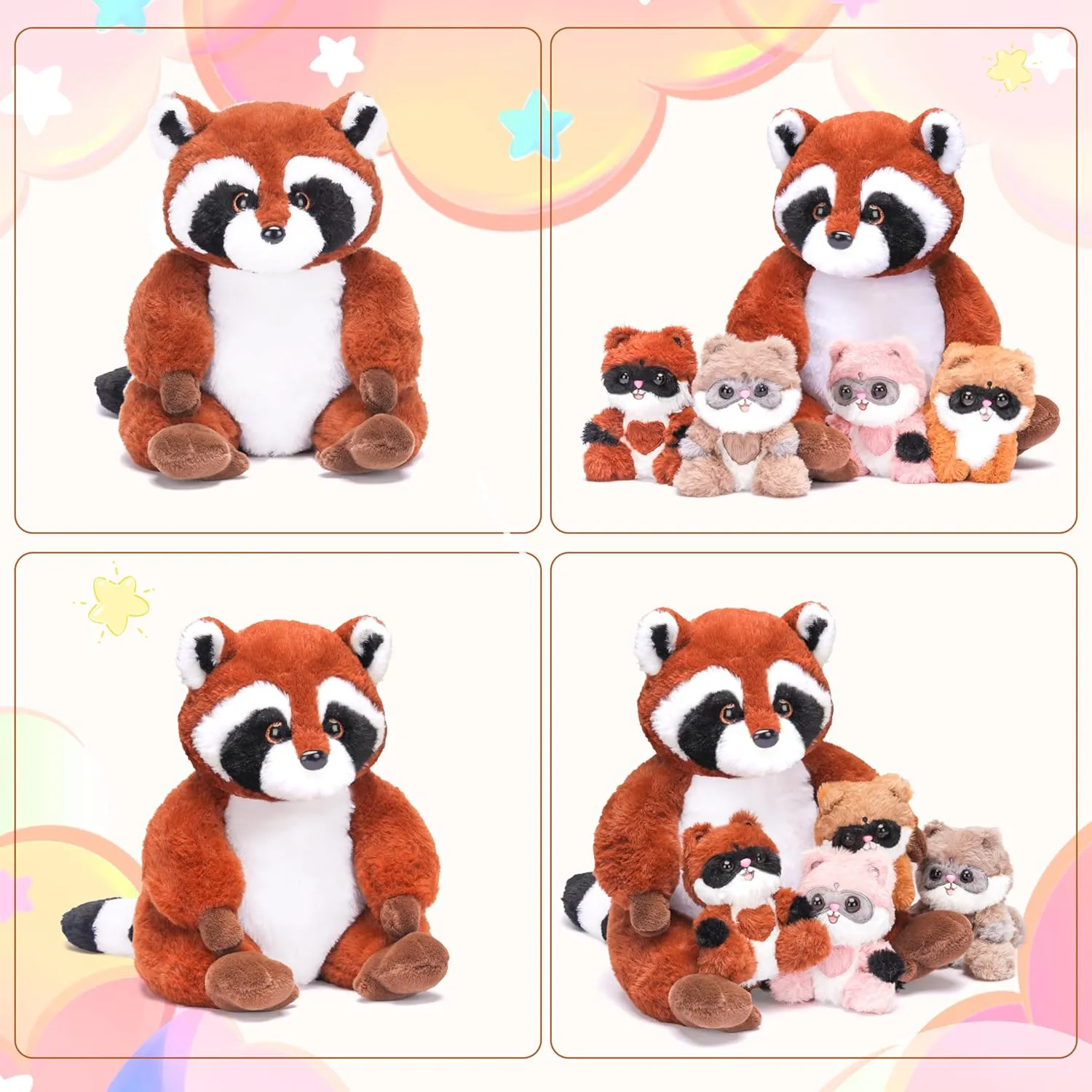Cute 12.5" Soft Mama Family Set with Little Mini Babies,Gifts for Kids IKASA Mommy Raccoon Stuffed Animal Mom and character Baby Plush Toy, 