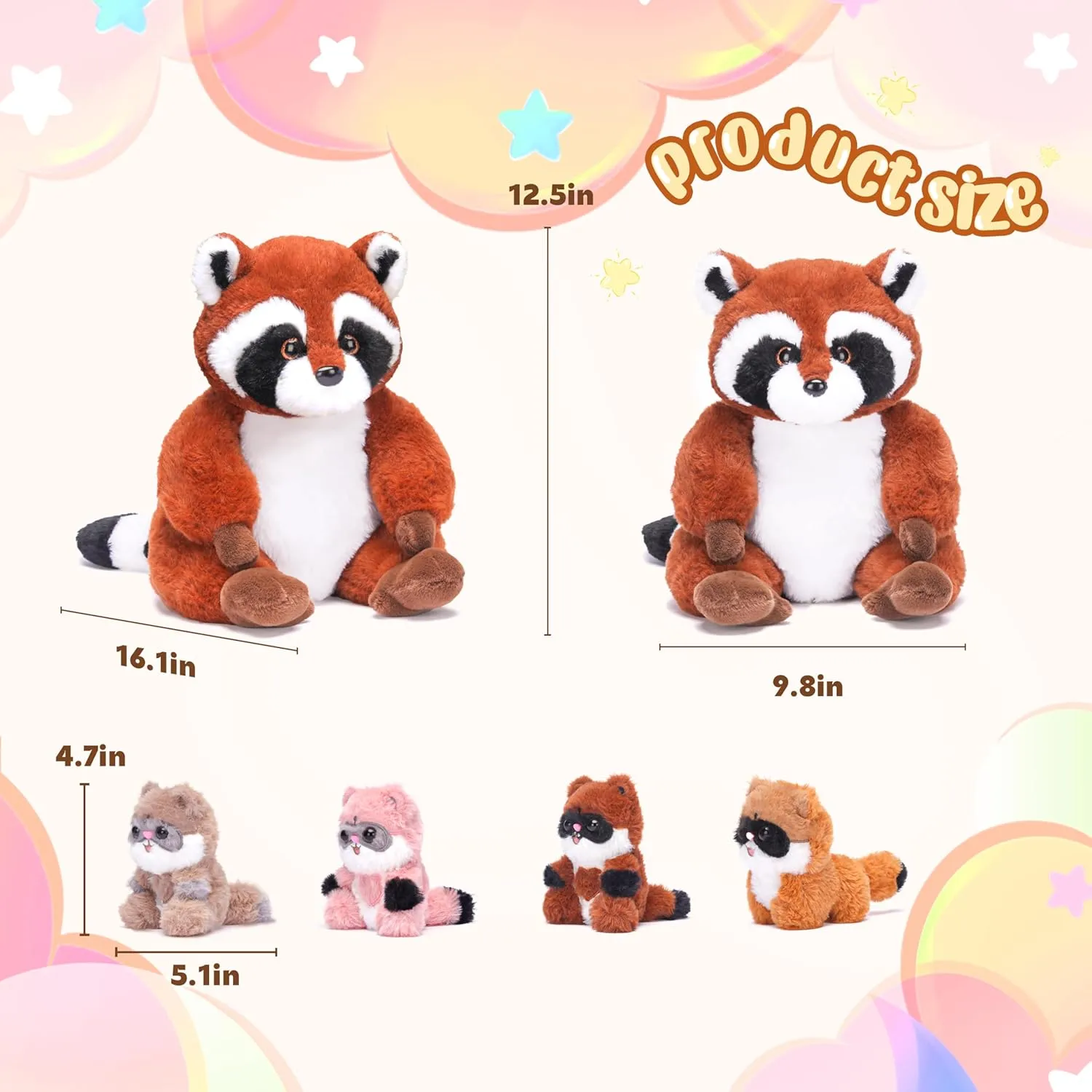 Cute 12.5" Soft Mama Family Set with Little Mini Babies,Gifts for Kids IKASA Mommy Raccoon Stuffed Animal Mom and character Baby Plush Toy, 