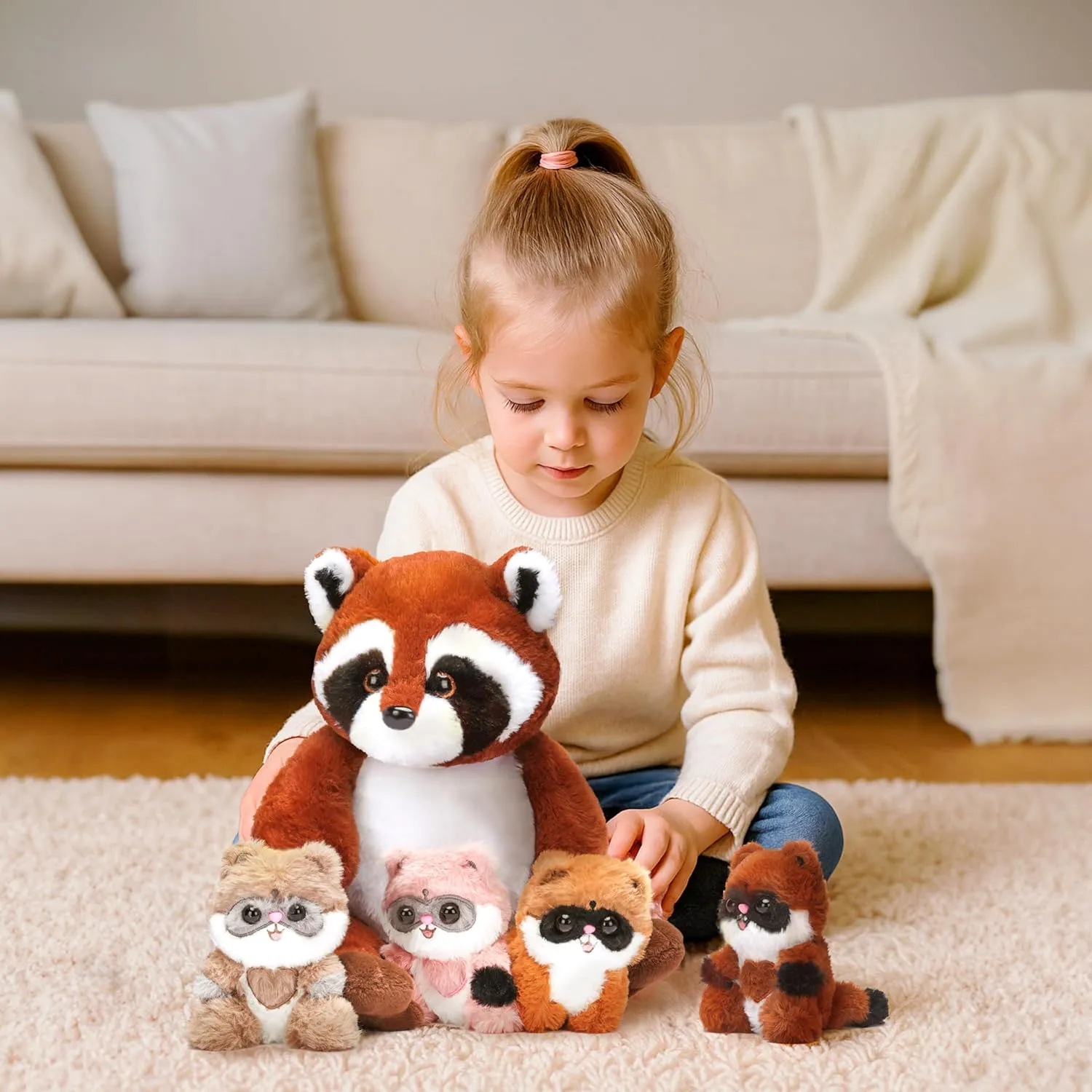 Cute 12.5" Soft Mama Family Set with Little Mini Babies,Gifts for Kids IKASA Mommy Raccoon Stuffed Animal Mom and character Baby Plush Toy, 