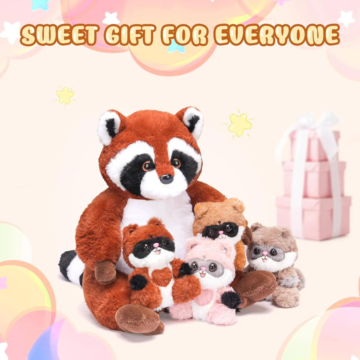 Cute 12.5" Soft Mama Family Set with Little Mini Babies,Gifts for Kids IKASA Mommy Raccoon Stuffed Animal Mom and character Baby Plush Toy, 