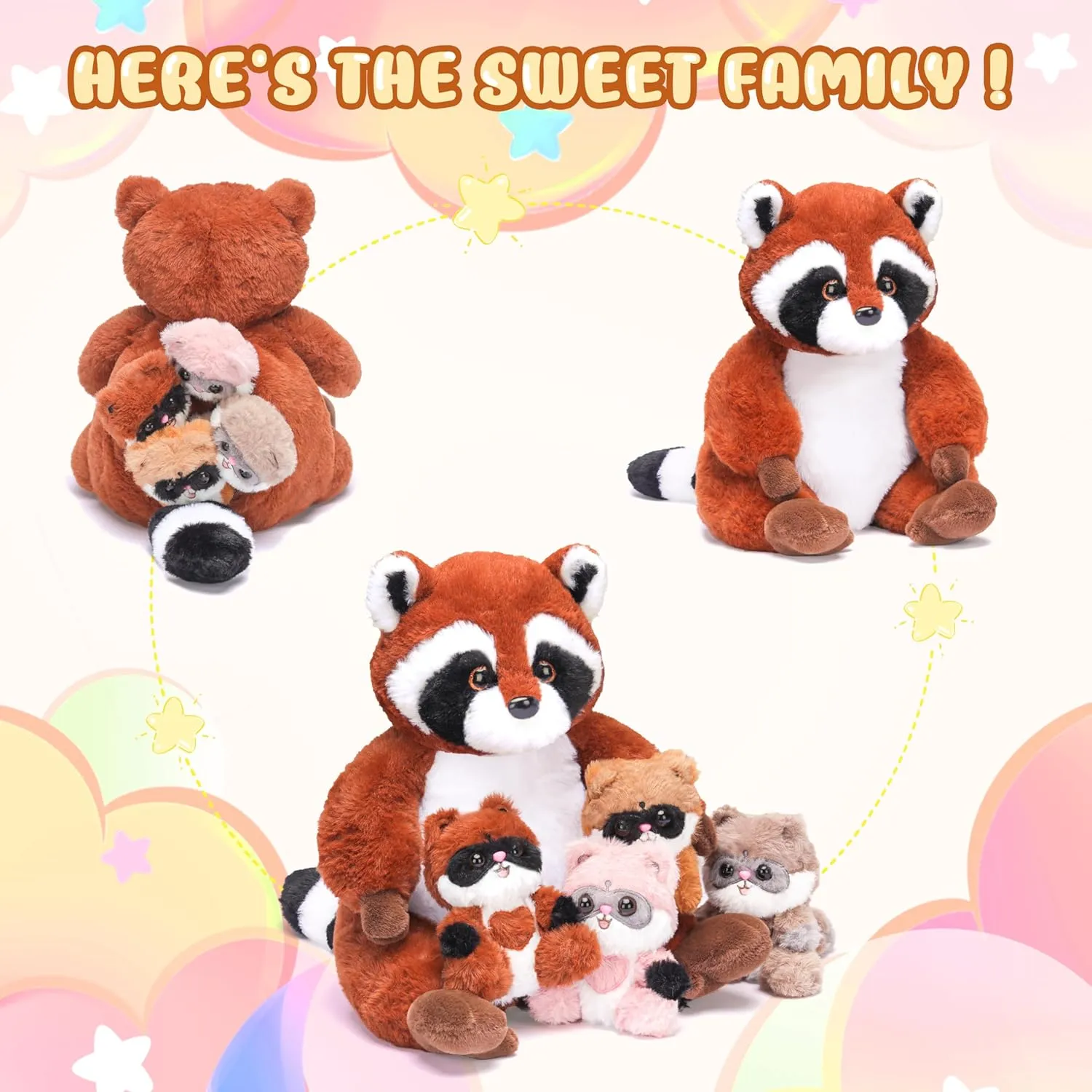 Cute 12.5" Soft Mama Family Set with Little Mini Babies,Gifts for Kids IKASA Mommy Raccoon Stuffed Animal Mom and character Baby Plush Toy, 