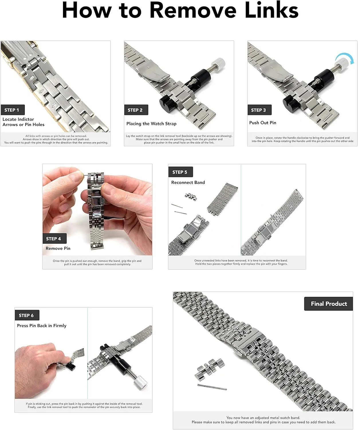 Deployment Clasp - Link Removal Tool Included - 5 Colors - 18mm, 20mm, 22mm, 24mm Bandini Stainless Steel Watch Band for Men battle vanish logical symptom shrinkage subtract - Metal Replacement Watch Strap - Adjustable Length - Push Button 