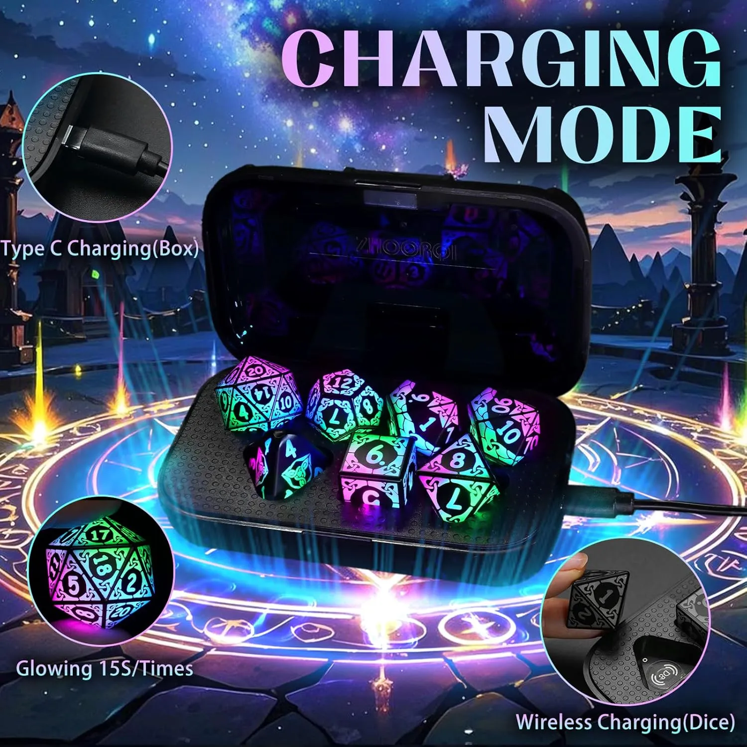 Dice DND Gifts(Colorful-Shackles) LED DND Dice Set Rechargeable, Cool derisive Light up Dice Wireless Charging for Dungeons and Dragons, ZHOORQI Polyhedral Role Playing 