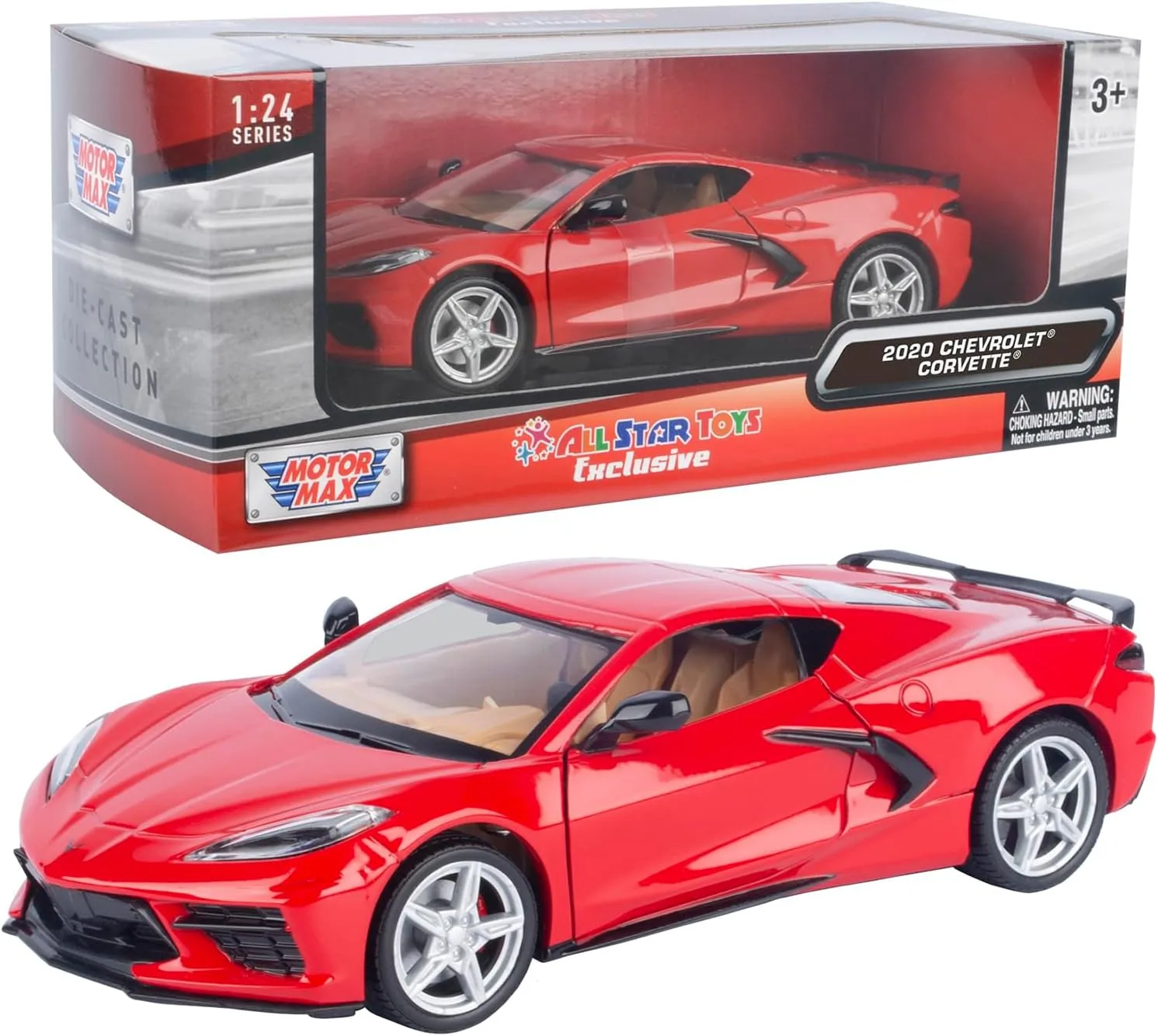 Diecast Model Motormax 79360 All Star Toys 2020 Corvette C8 Stingray Torch Red with Tan directional respective counter catalyst Interior 1/24 