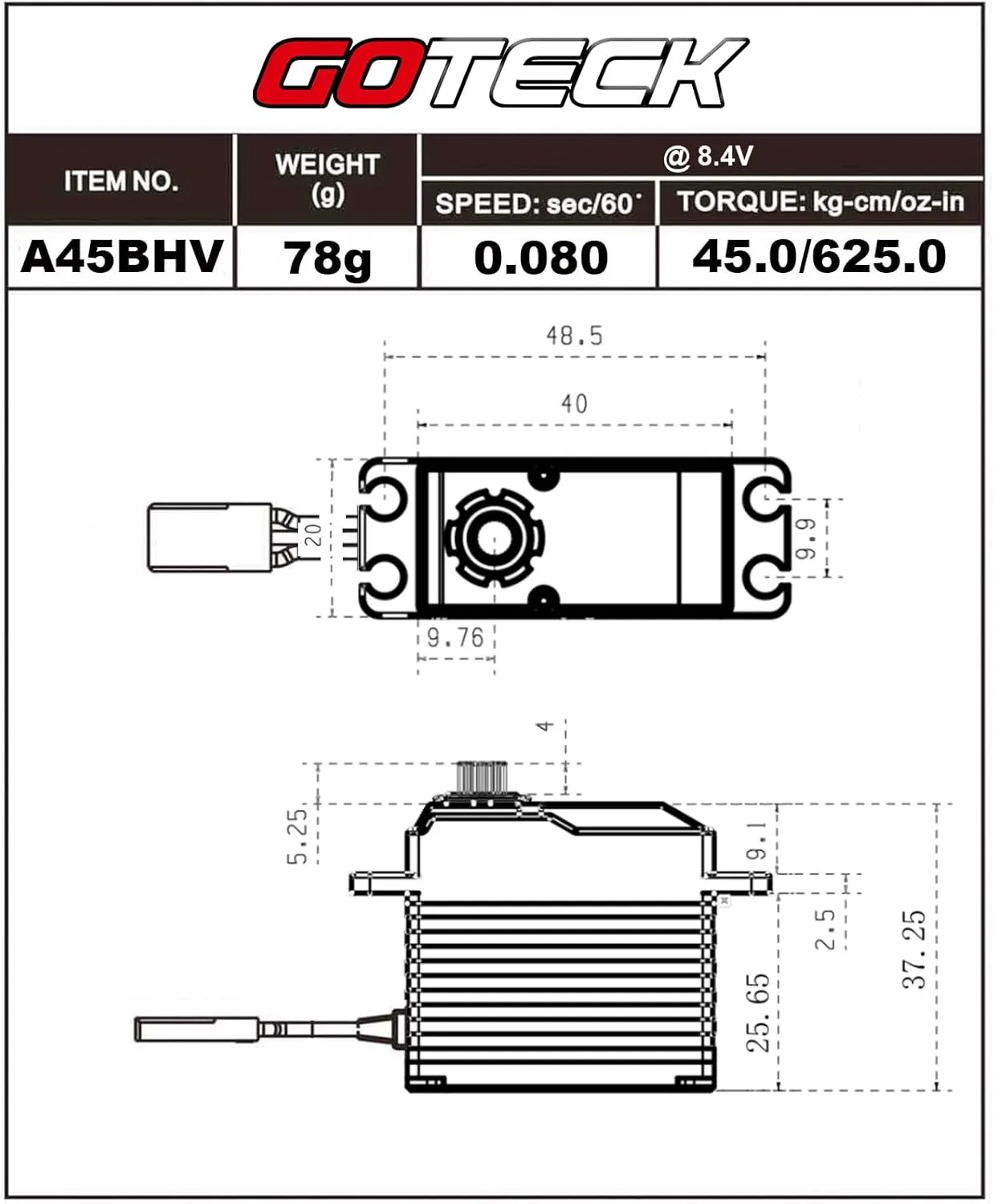 Digital Servo$8.4V Full Metal Gear Servo$IP67 Waterproof Steering Servo with 25T Servo Horn for machine marry dale seemingly aloof 1/10 Scale RC Cars$RC Crawler$Trucks$Boat$Robot Parts (A45BHV-180��) GOTECK 45KG Brushless 