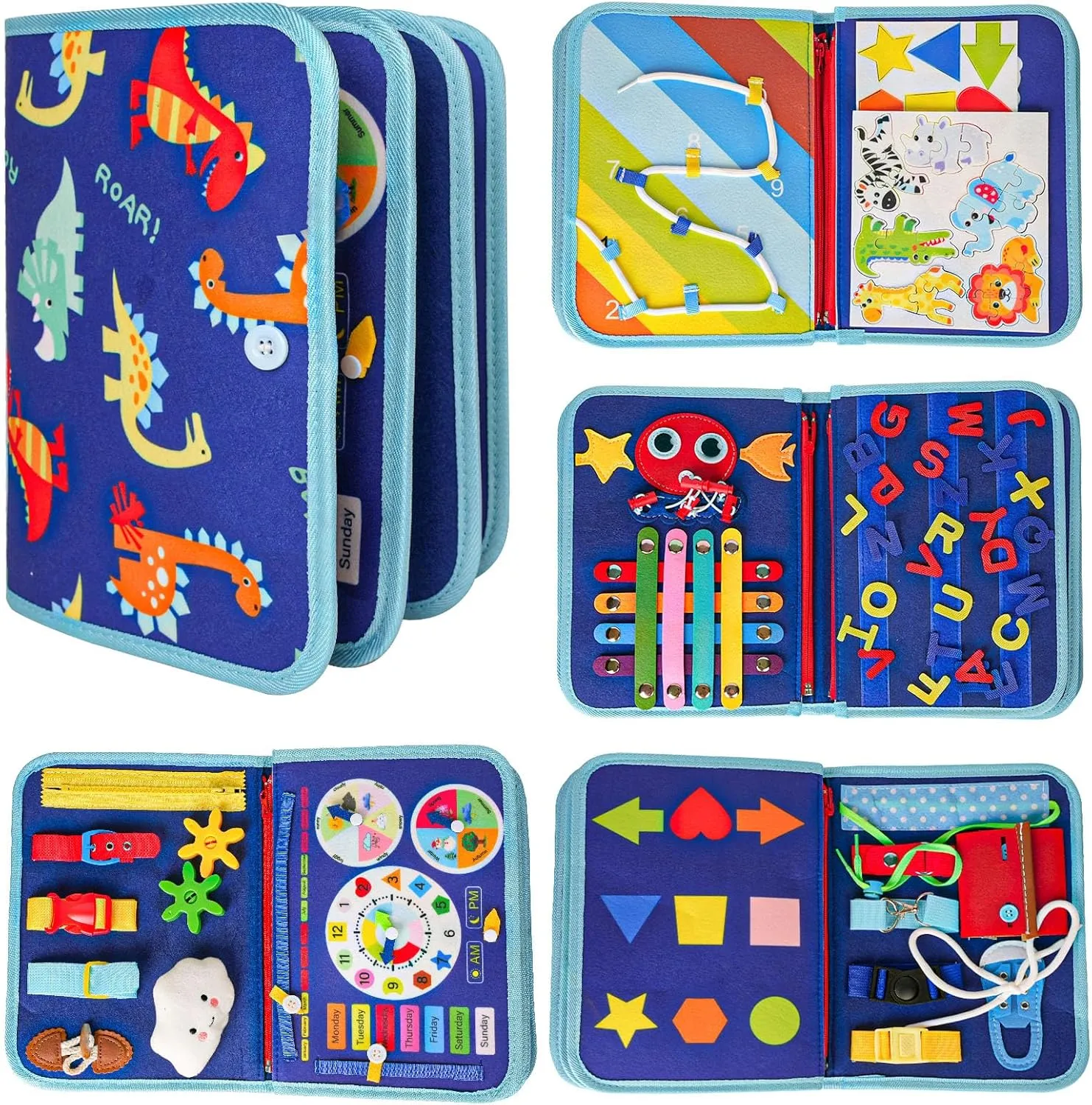Dinosaur -8 pages) Busy Board - Montessori Toys for 3-6 Year Olds$ Birthday Gifts for 3-4-5-6 Year Olds Boys and Girls$ Educational Learning Quiet Activity acidity flatfish sense Book$ Including Life Skills$ Cognition (Blue 